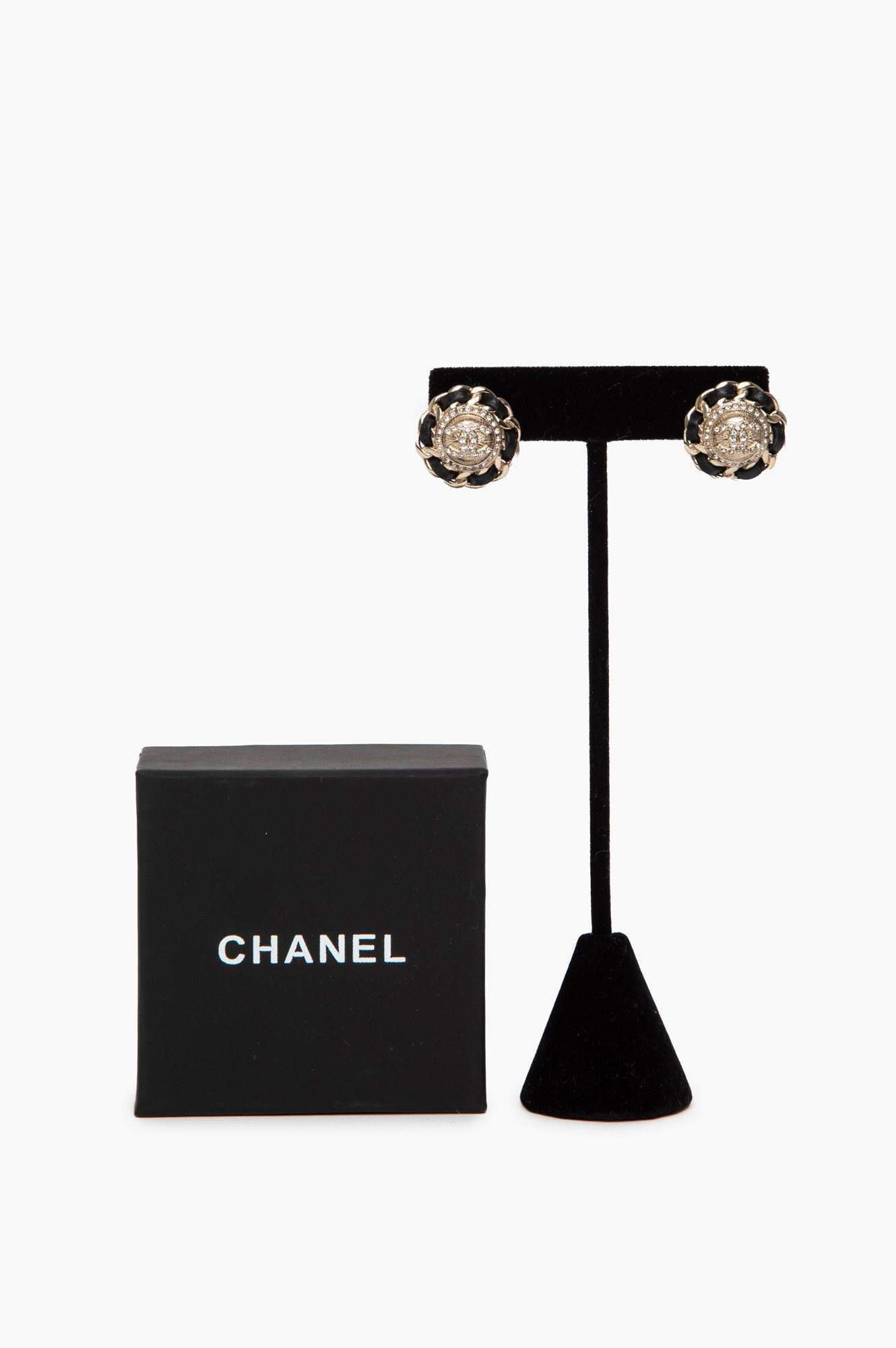 Chanel Leather Chain Framed CC Logo Rhinestone Stud Earrings