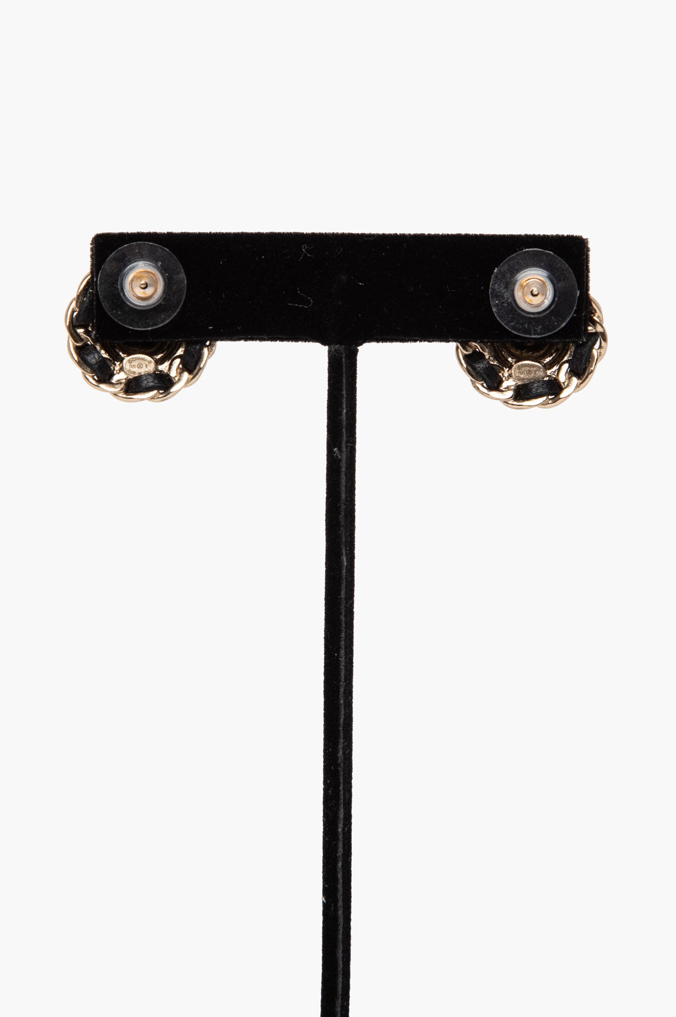 Chanel Leather Chain Framed CC Logo Rhinestone Stud Earrings