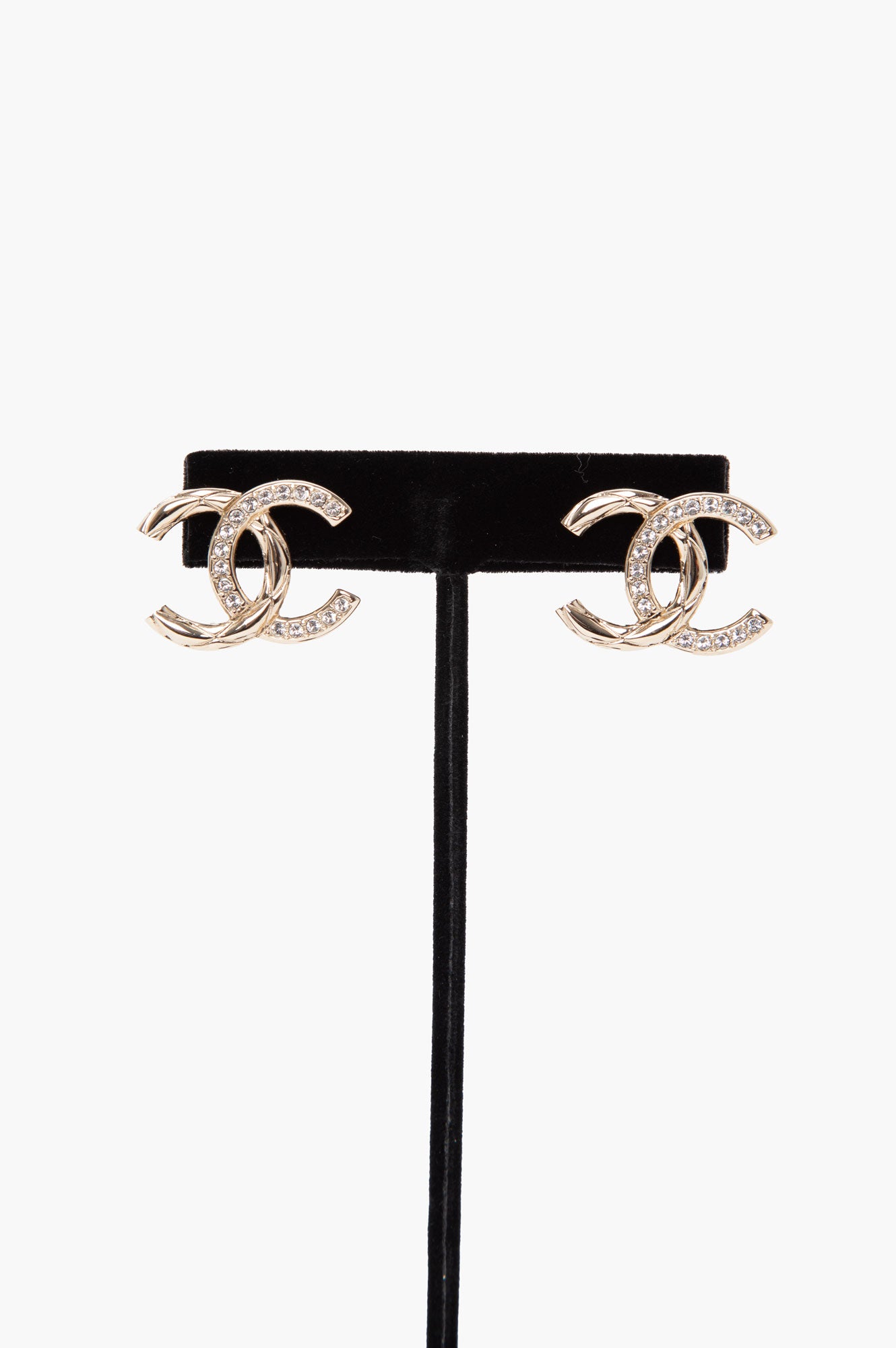 Chanel Crystal Glitter Quilted CC Earrings Light Gold