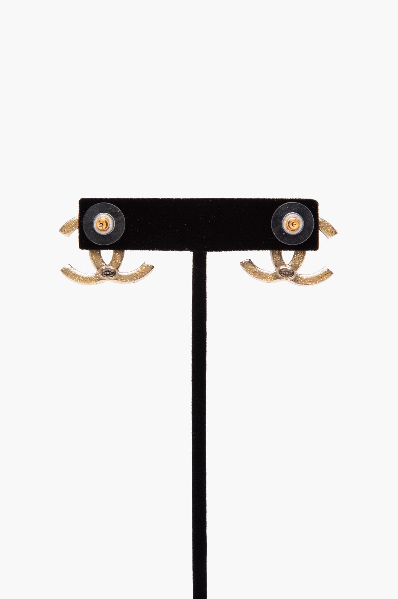 Chanel Crystal Glitter Quilted CC Earrings Light Gold