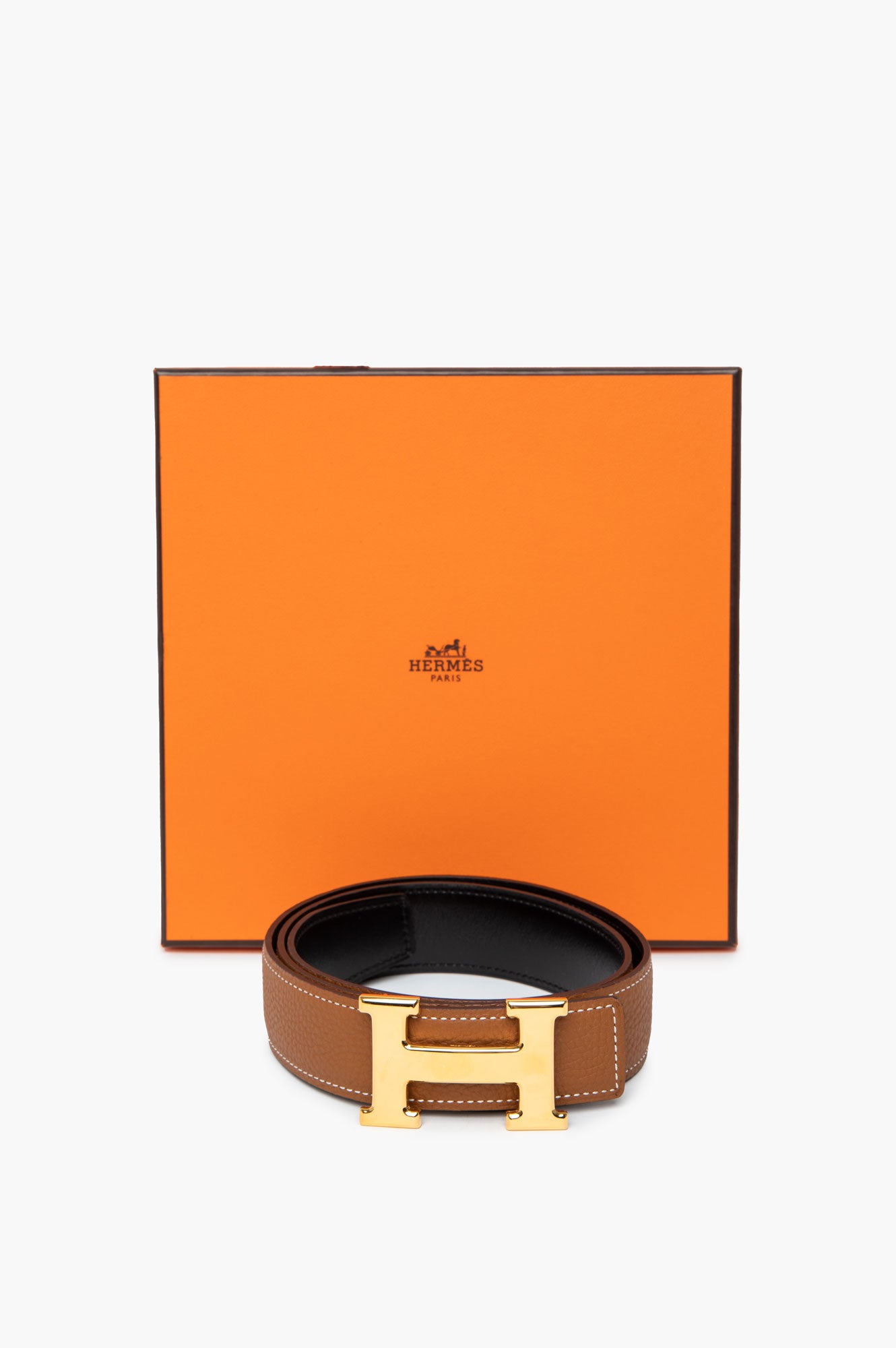 Hermès Noir/Gold Reversible Leather Gold Plated H Buckle Belt 80 cm