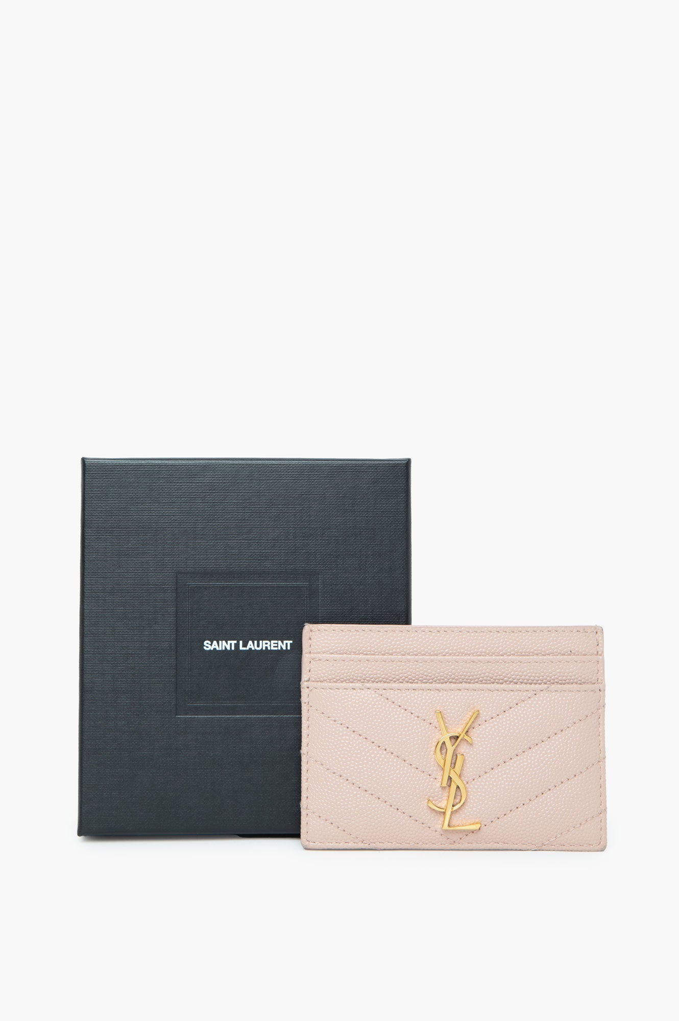 Saint Laurent Cassandre Matelasse Card Case in Poudre Embossed Leather Dark Beige