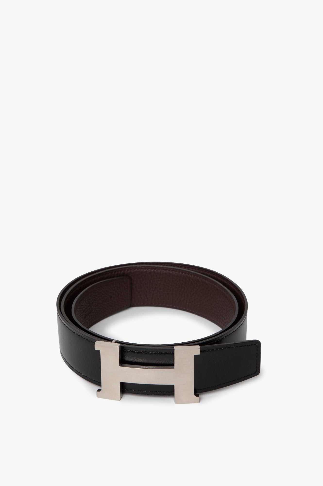 Hermes 38 mm Black/Brown Silver H Buckle Belt Size 95