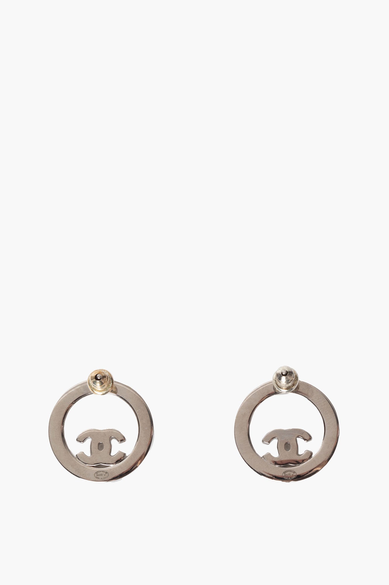 Chanel B23 V Palladium Plated Crystal CC Circle Strass Earrings