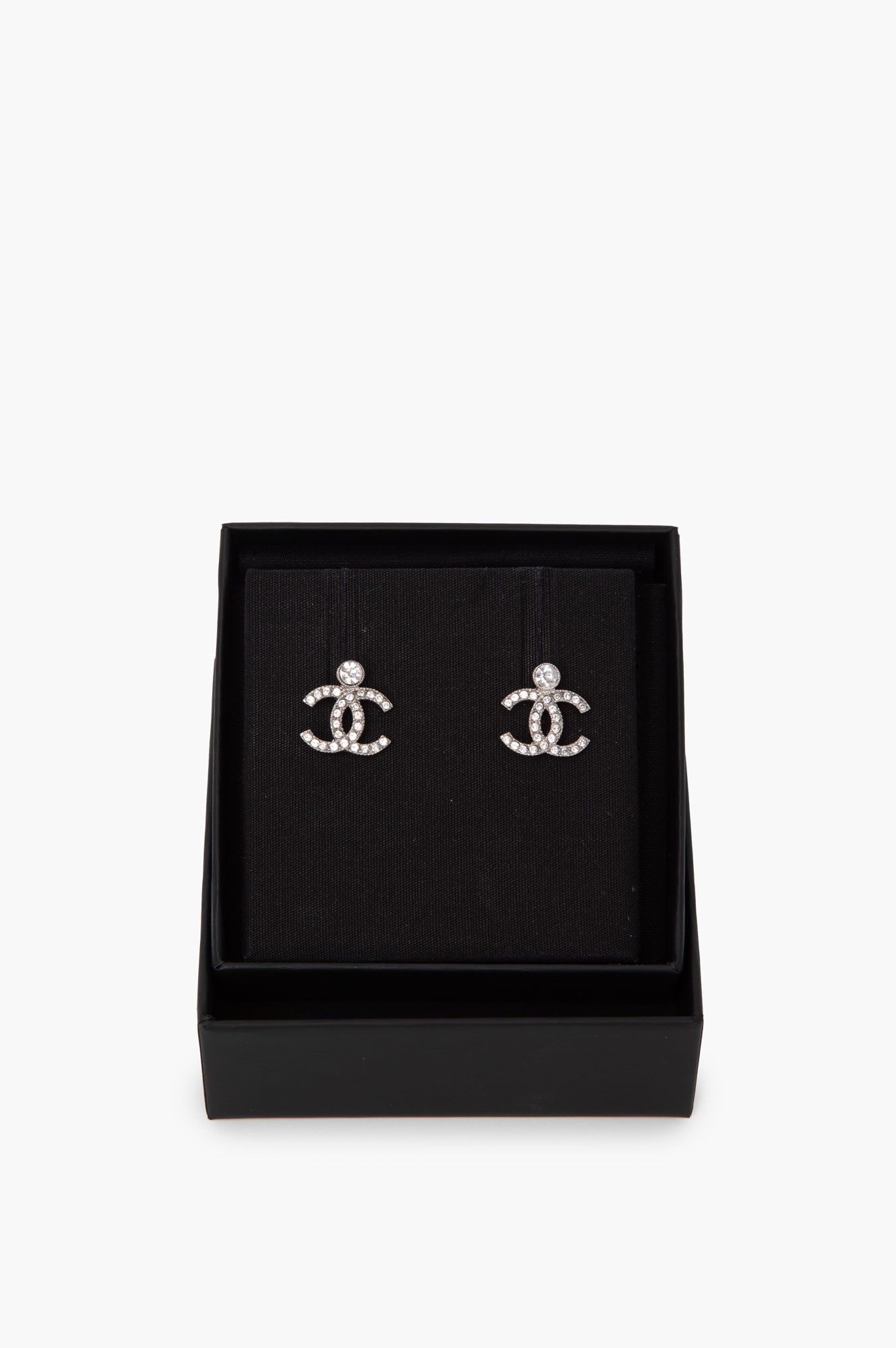 Chanel Silver Crystal Logo Classic Stud Drop Earrings