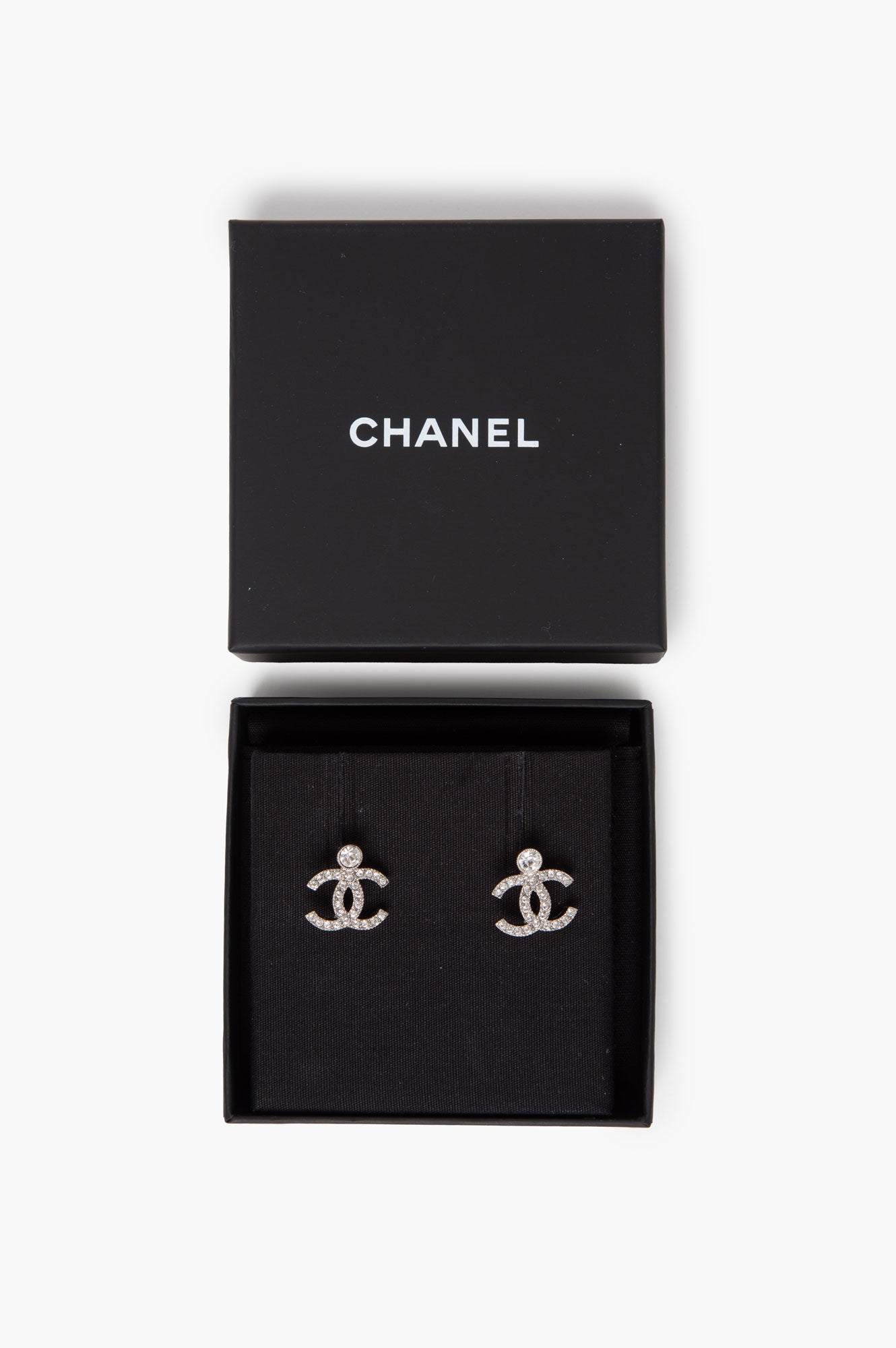 Chanel Silver Crystal Logo Classic Stud Drop Earrings