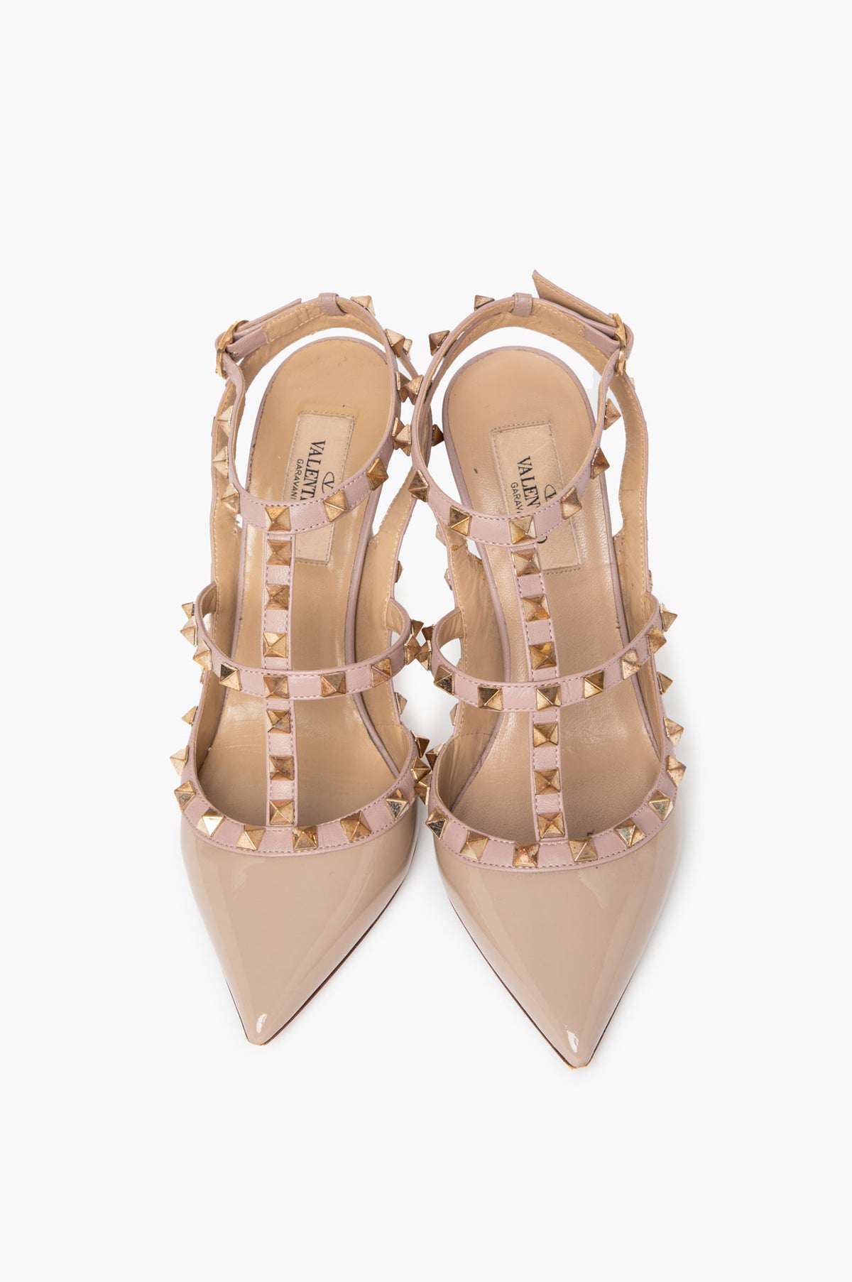 Valentino Garavani Beige Patent Rockstud Caged T-Strap Pumps Size 37