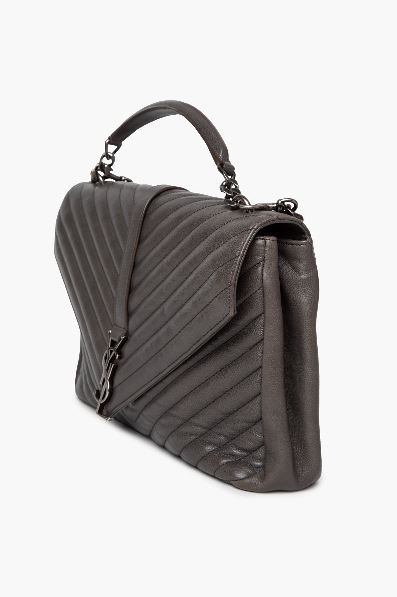 Saint Laurent Grey Chevron Matelassé Leather Large College Chain Bag