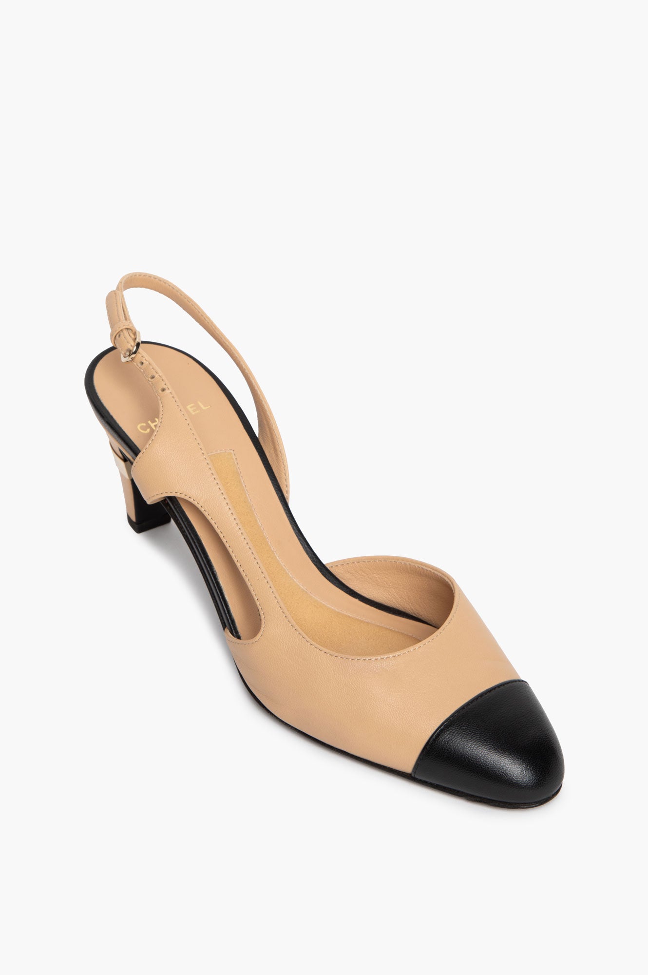 Chanel Beige/Black Slingback Cap Toe Pearl Pumps Size 39C