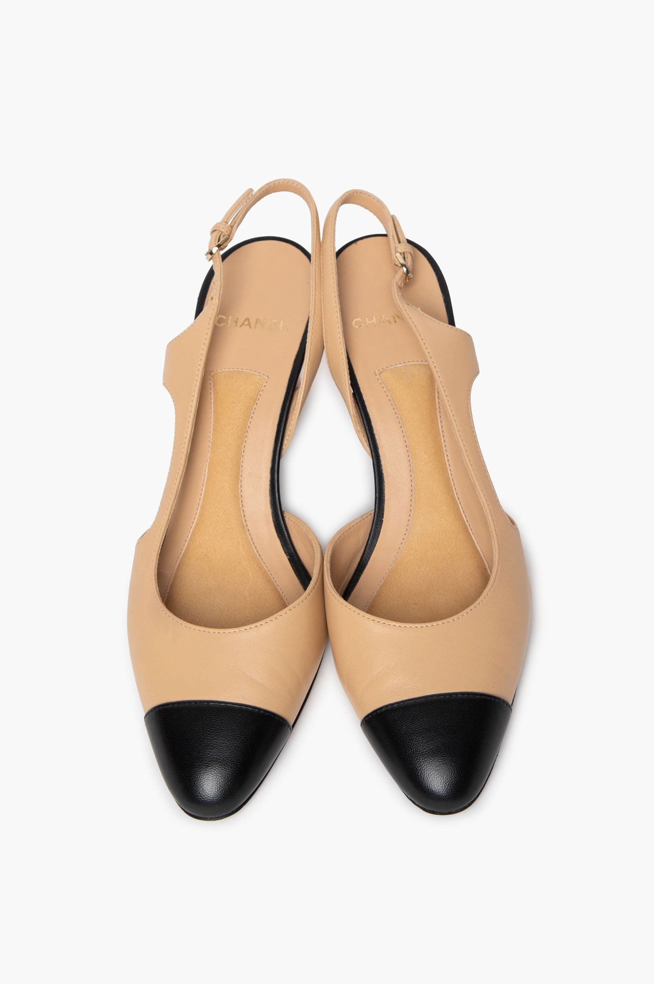 Chanel Beige/Black Slingback Cap Toe Pearl Pumps Size 39C