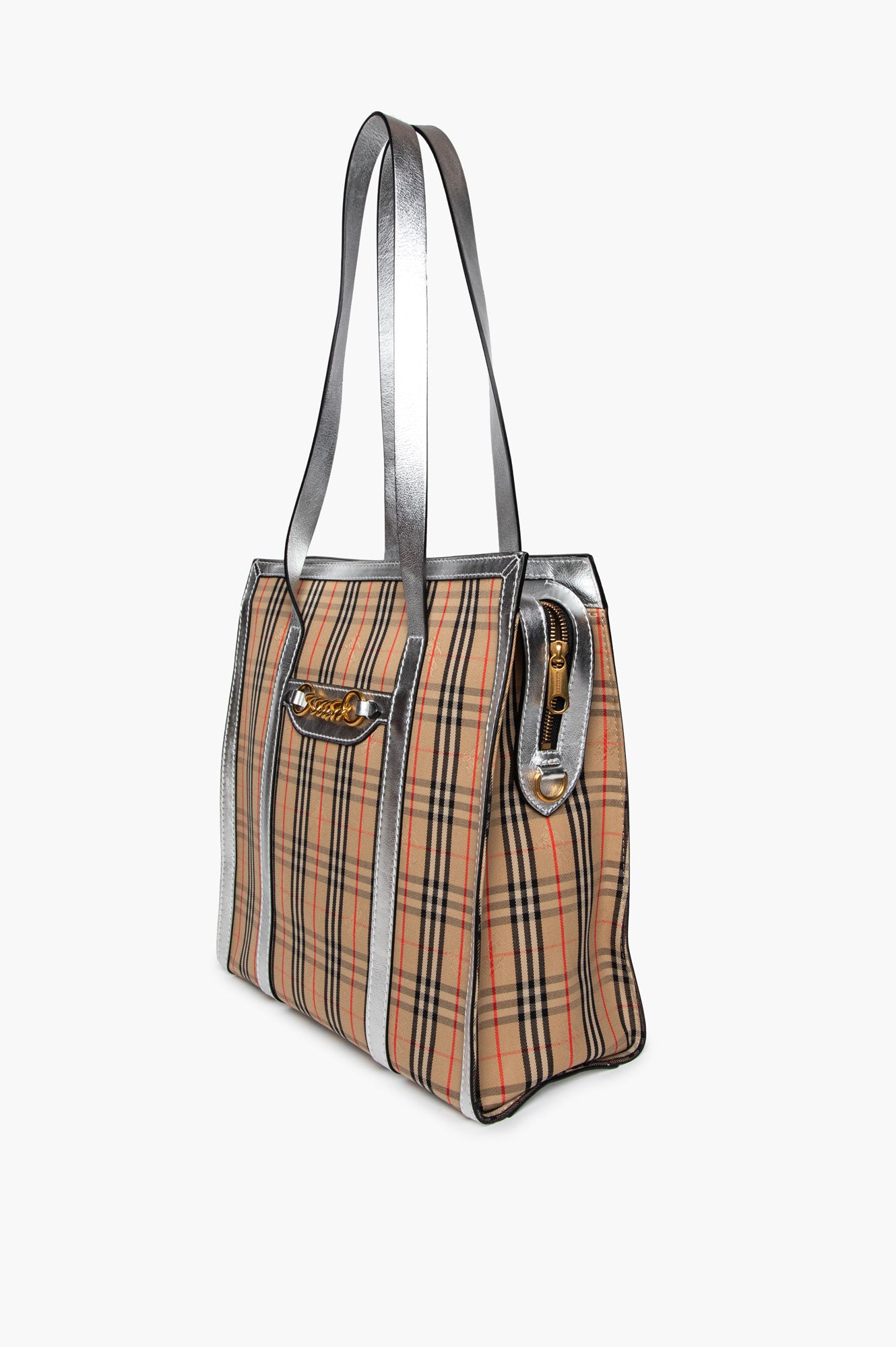 Burberry Silver Calfskin 1983 Knight Check Link Zip Tote