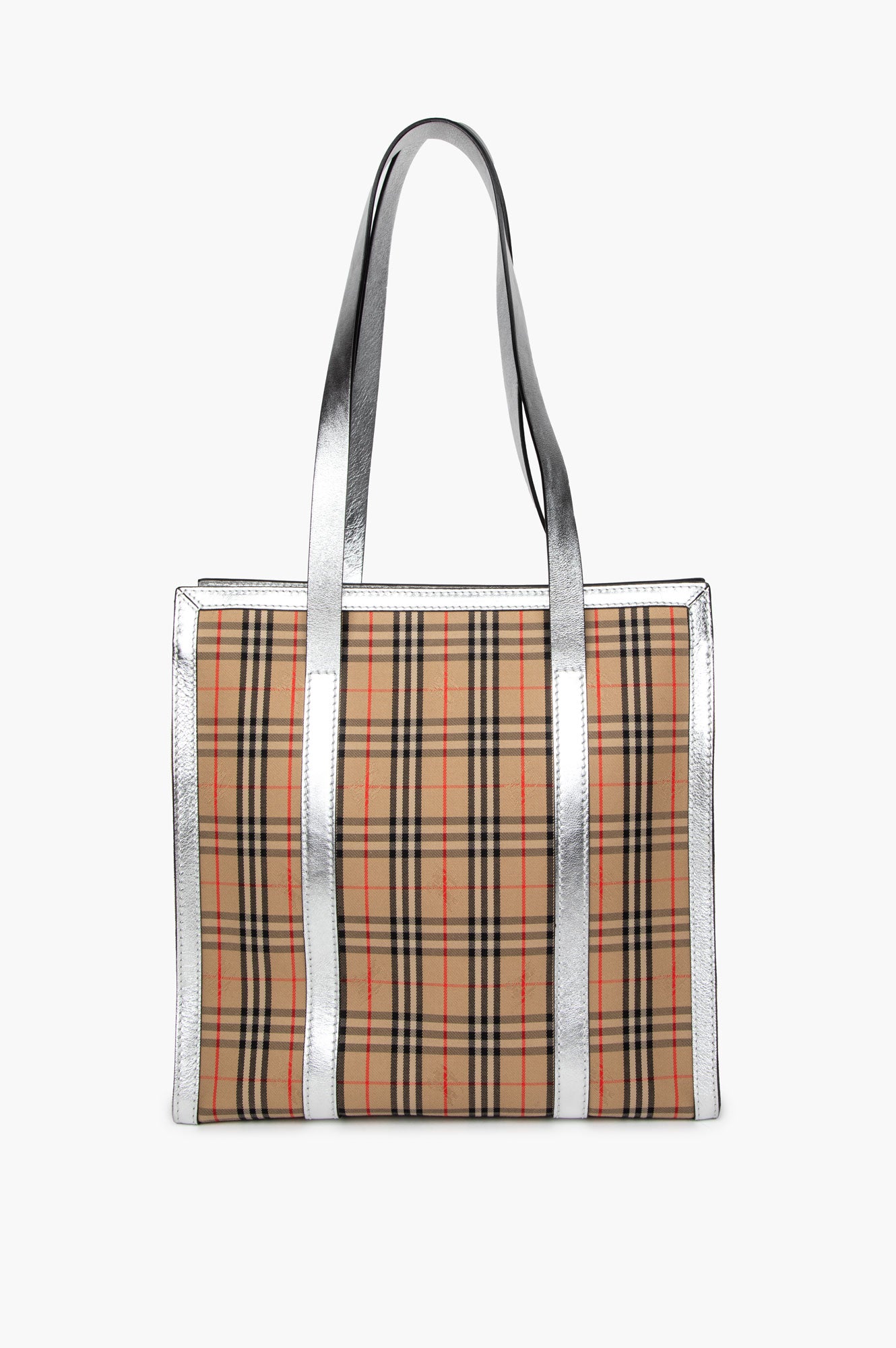 Burberry Silver Calfskin 1983 Knight Check Link Zip Tote
