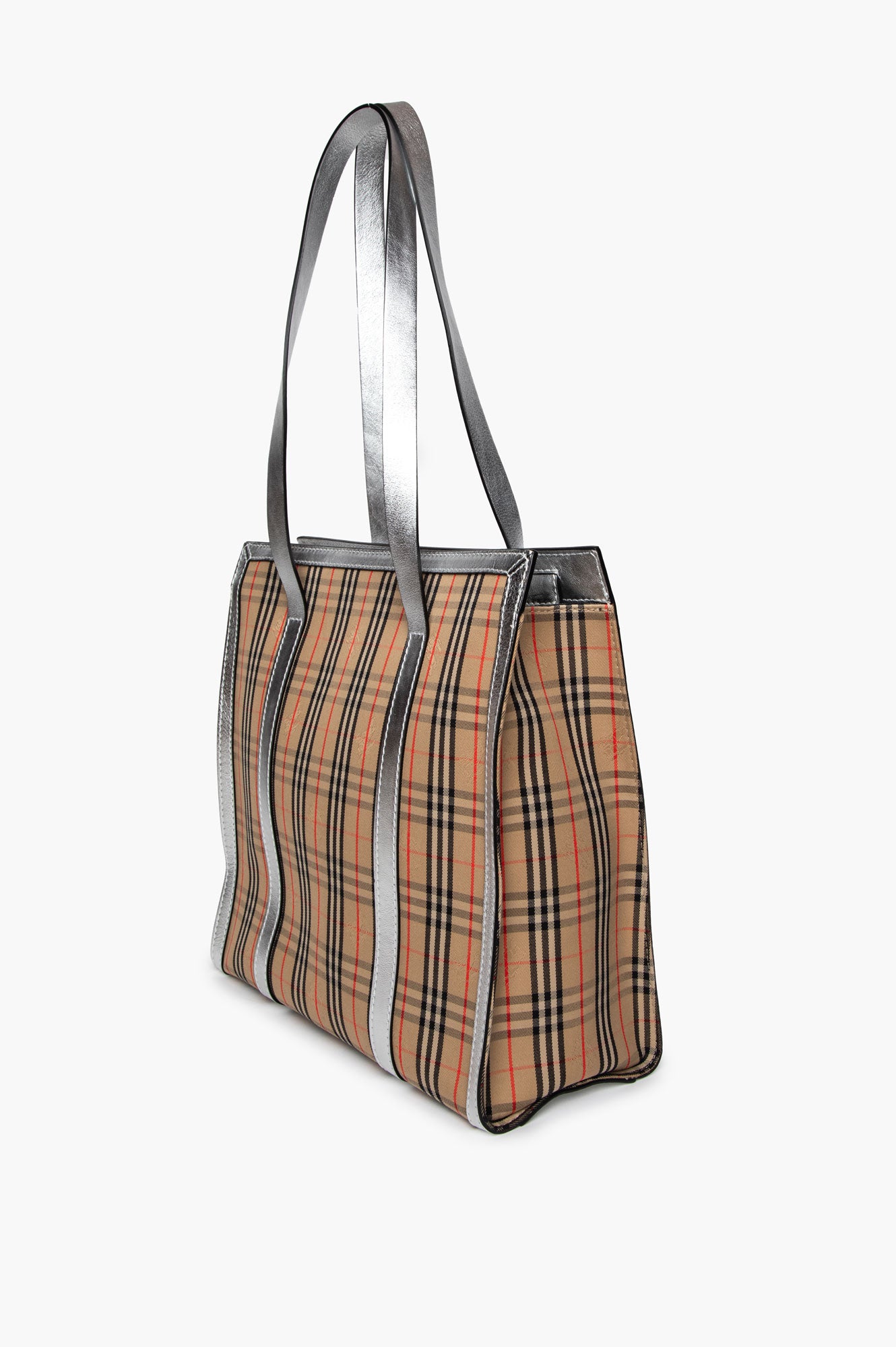 Burberry Silver Calfskin 1983 Knight Check Link Zip Tote