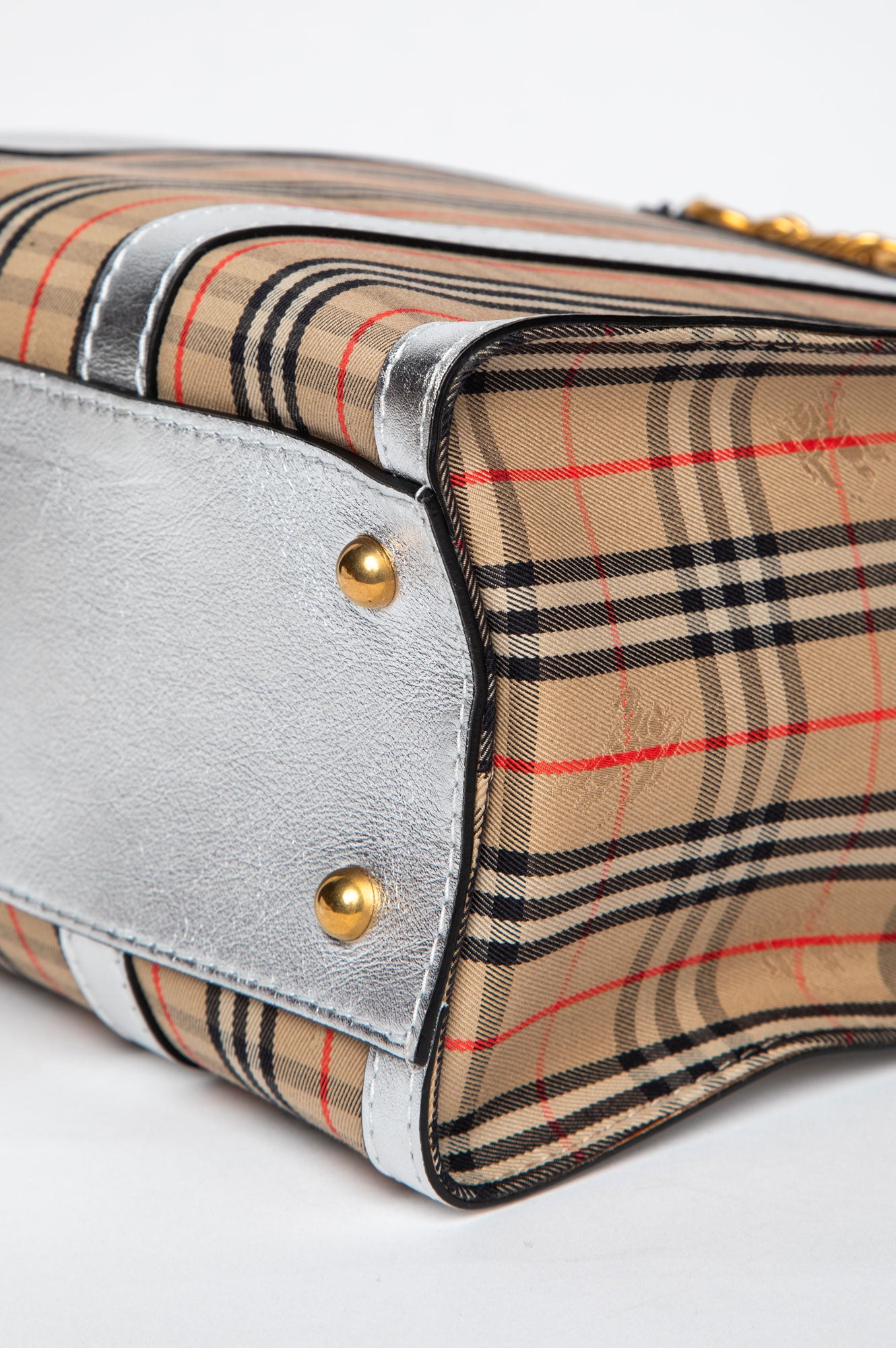 Burberry Silver Calfskin 1983 Knight Check Link Zip Tote