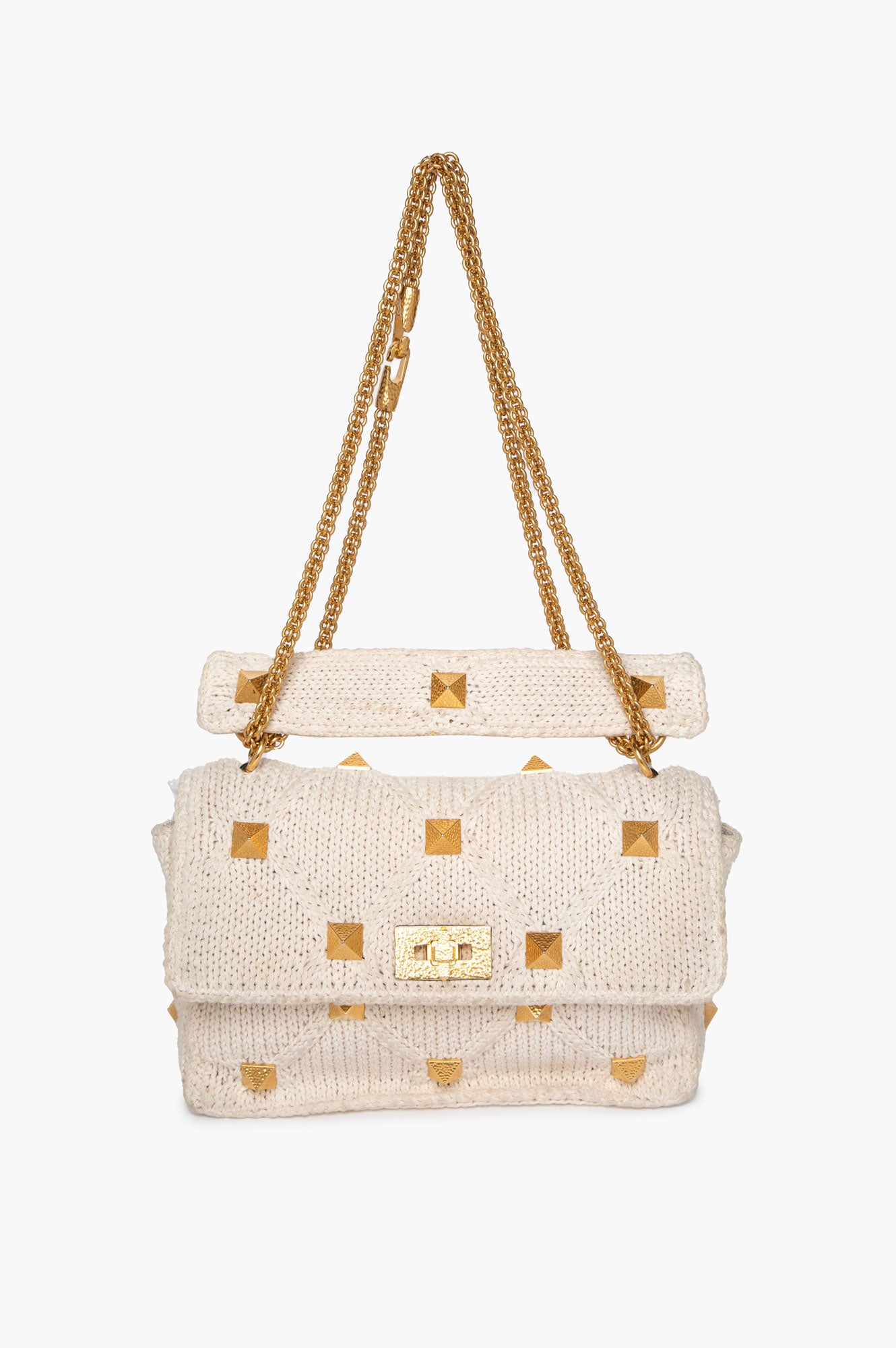 Valentino Garavani Hammered Gold Roman Stud Cotton Knit Top Handle Bag