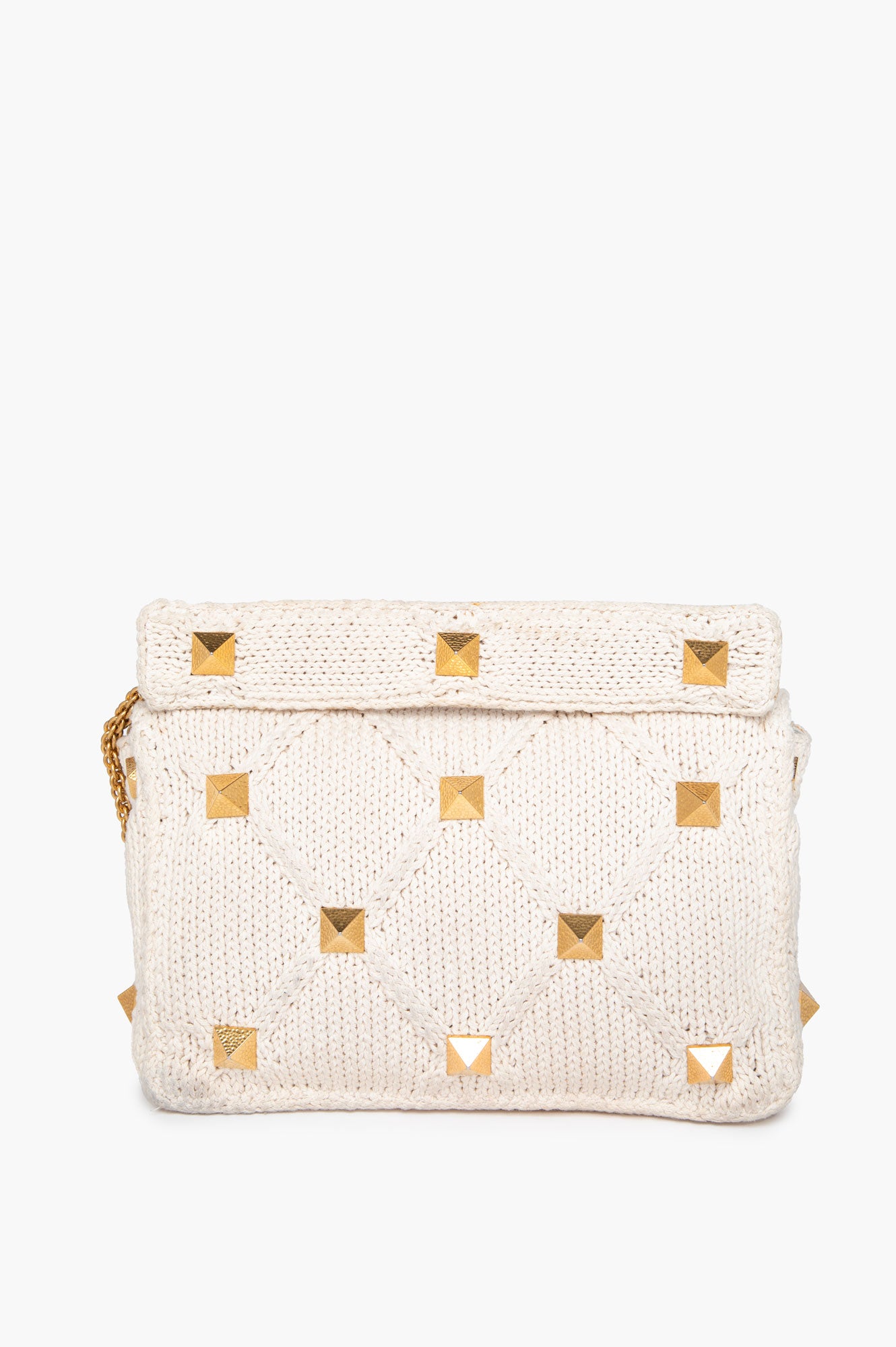 Valentino Garavani Hammered Gold Roman Stud Cotton Knit Top Handle Bag