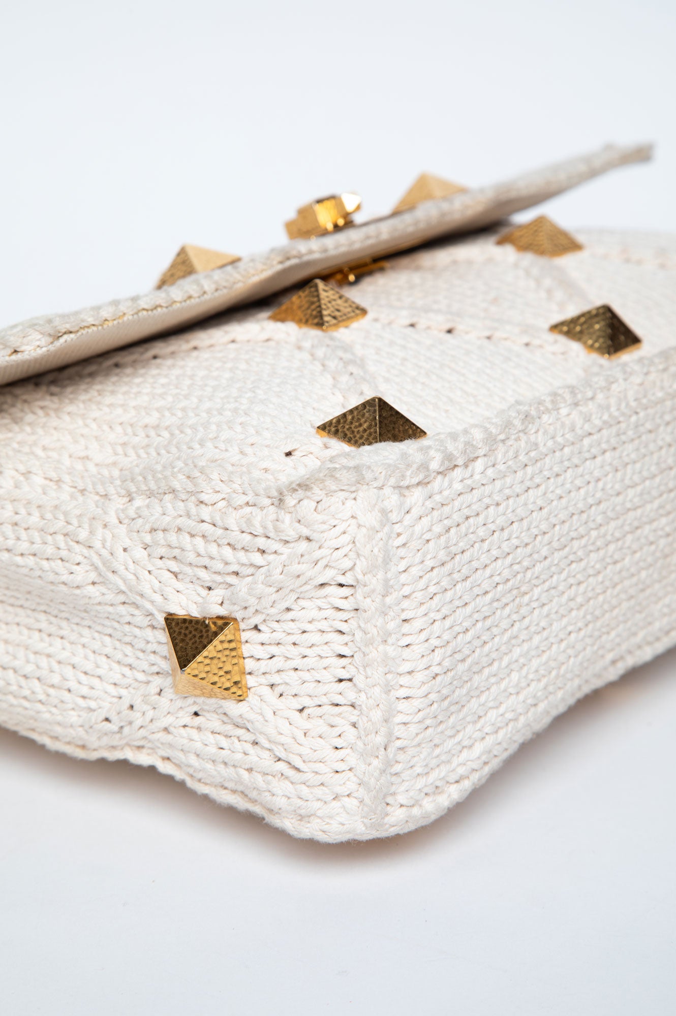 Valentino Garavani Hammered Gold Roman Stud Cotton Knit Top Handle Bag