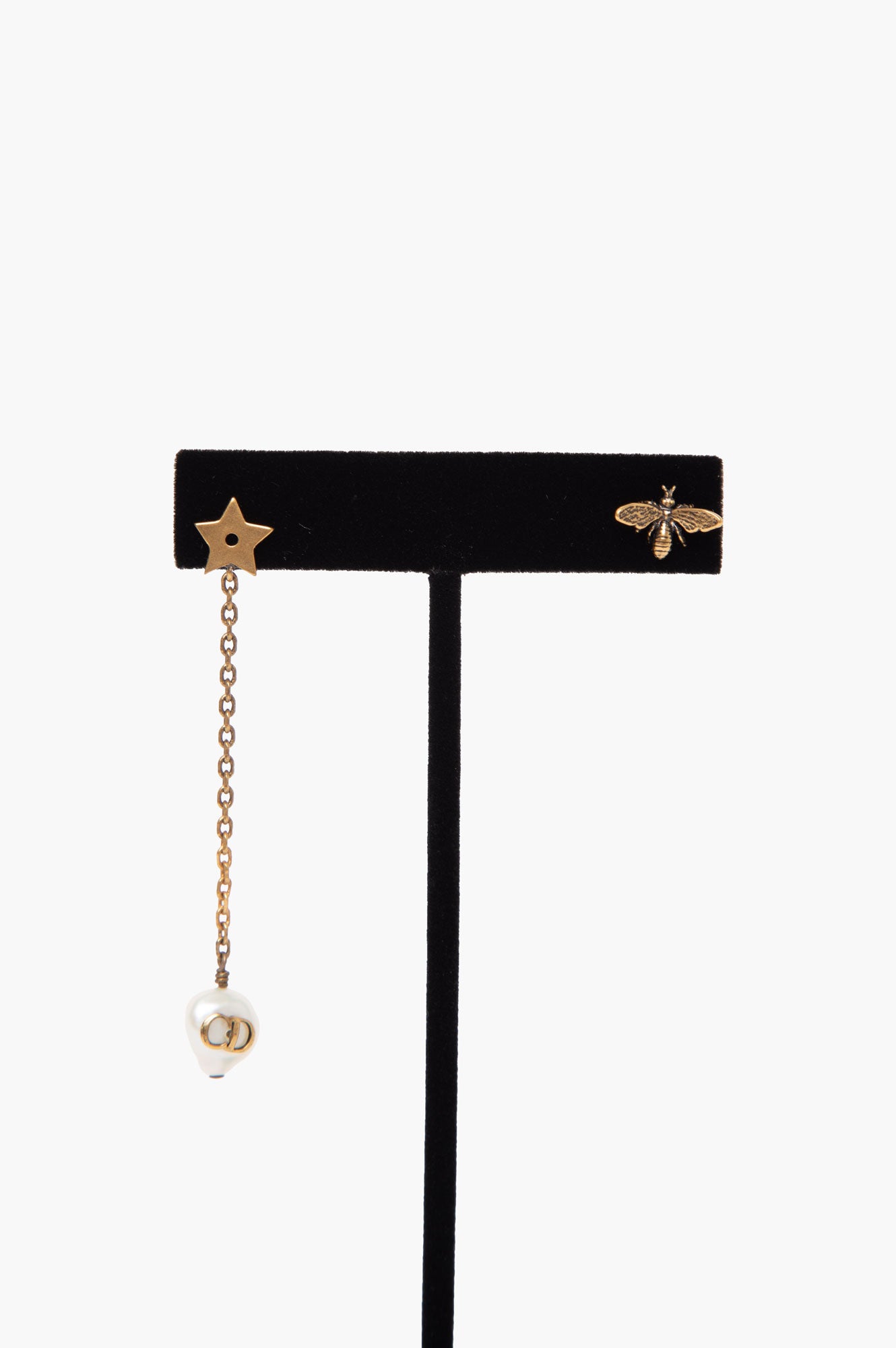 Christian Dior Gold Tone Pearl Chain Dangle & Bee Stud Earrings