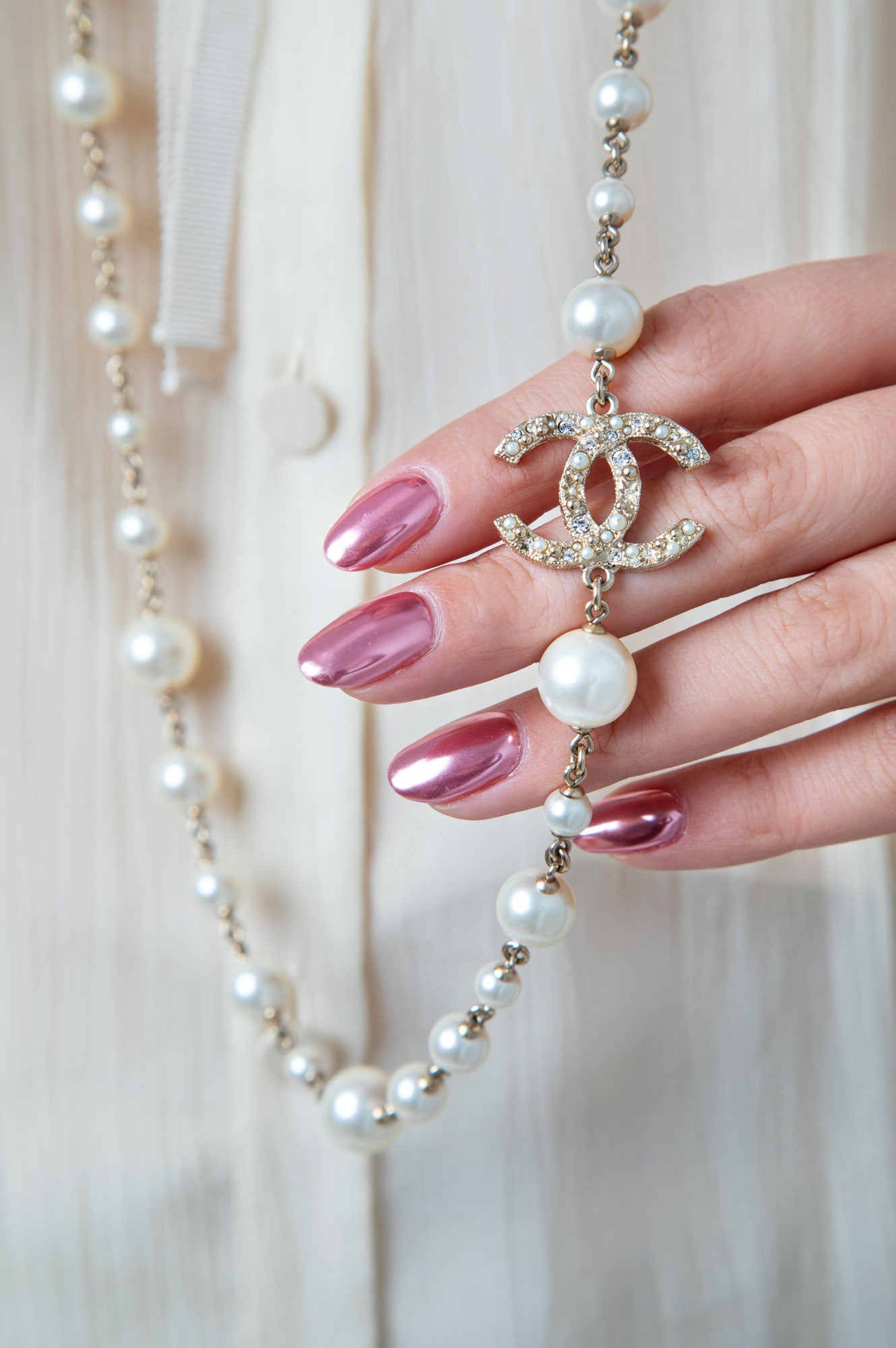 Chanel 14V Pearl and Camelia CC Long Single Strand Necklace