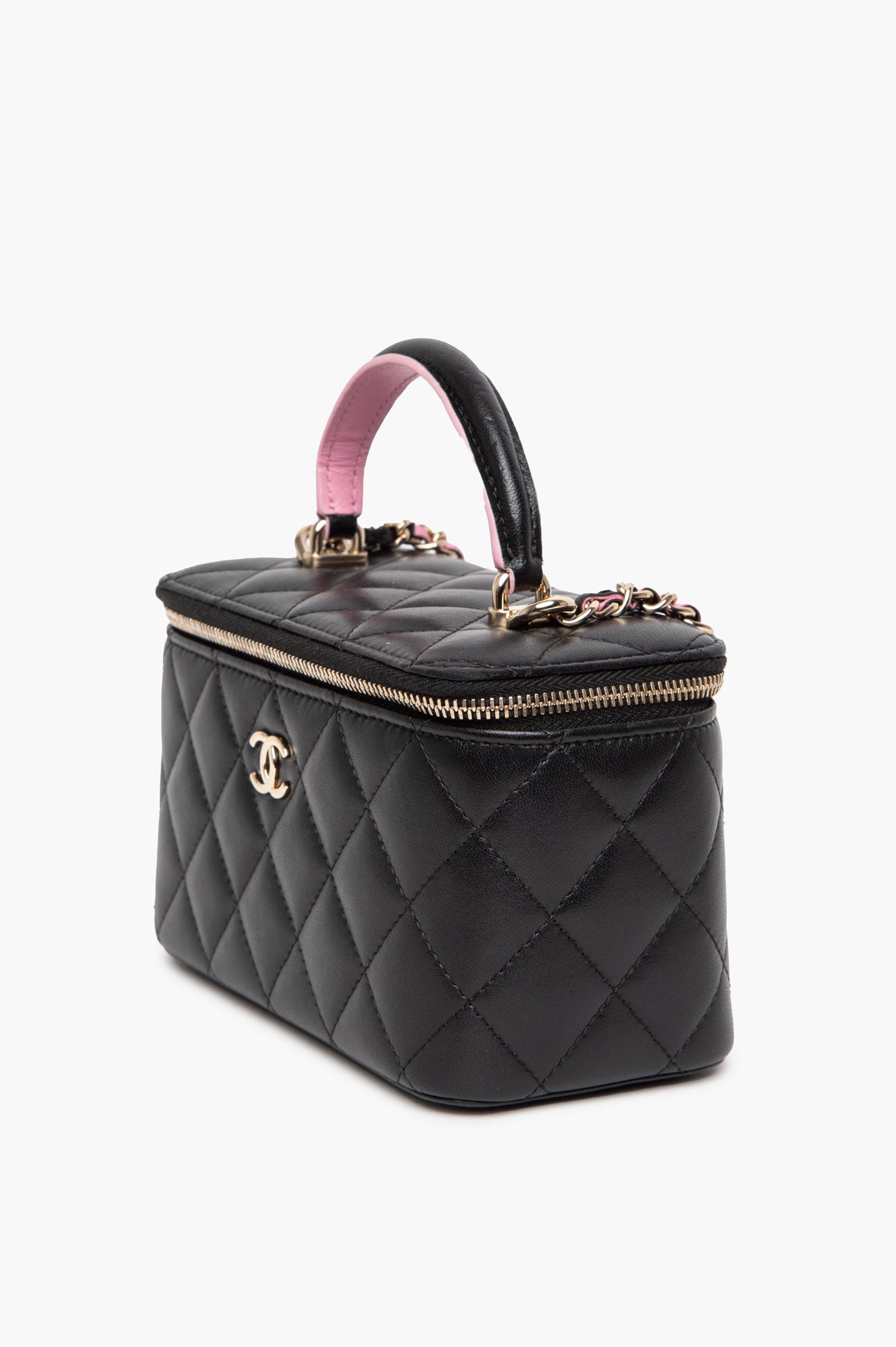 Chanel Black Lambskin Quilted Top Handle Vanity Case with Chain