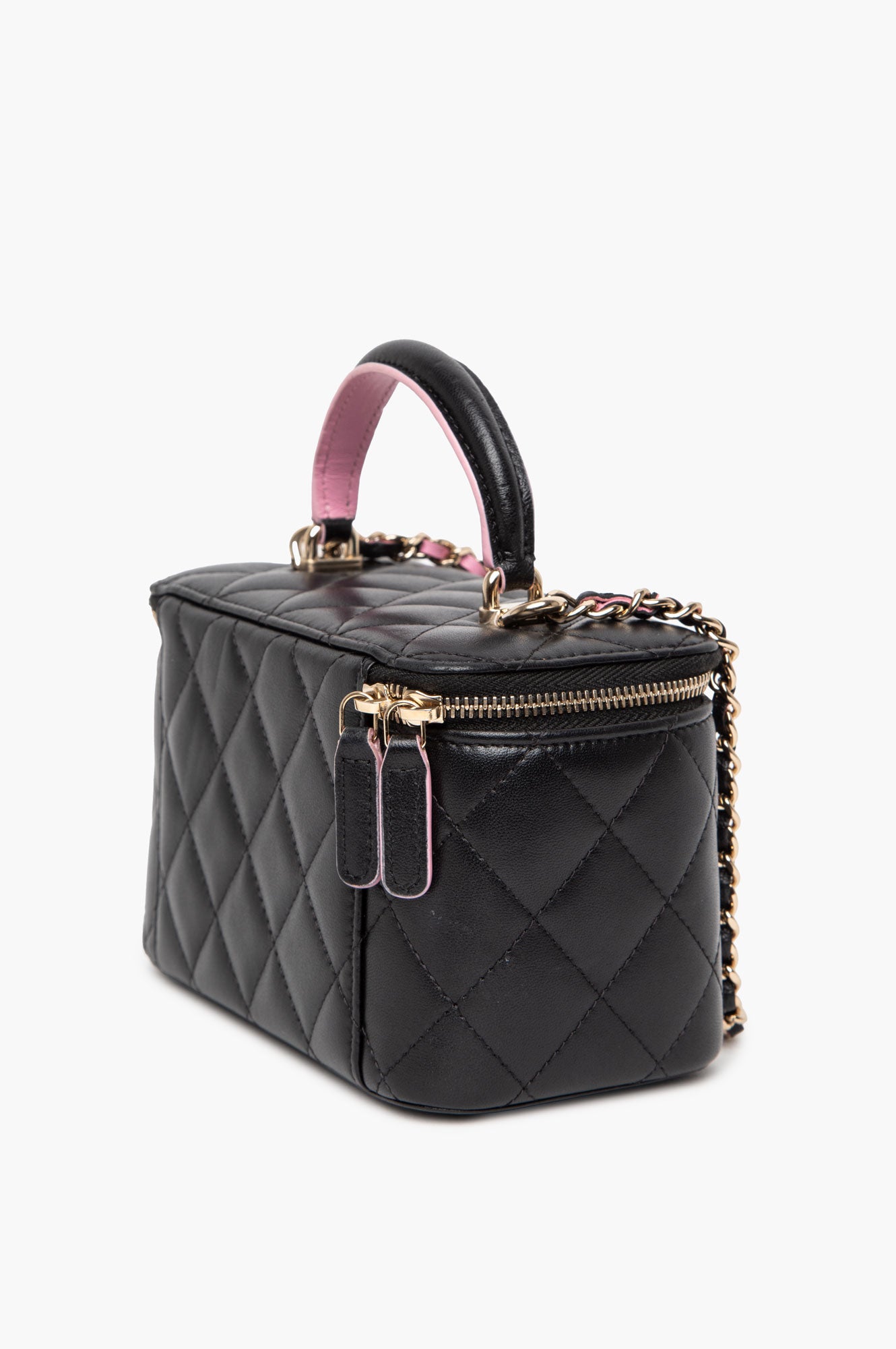 Chanel Black Lambskin Quilted Top Handle Vanity Case with Chain