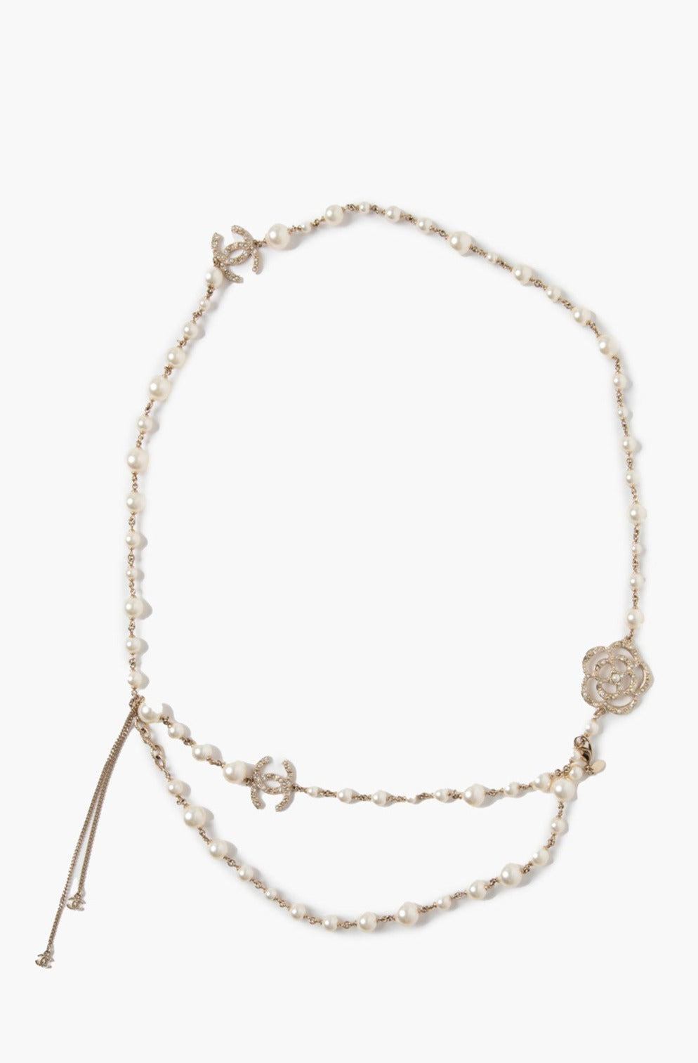 Chanel 14V Pearl and Camelia CC Long Single Strand Necklace