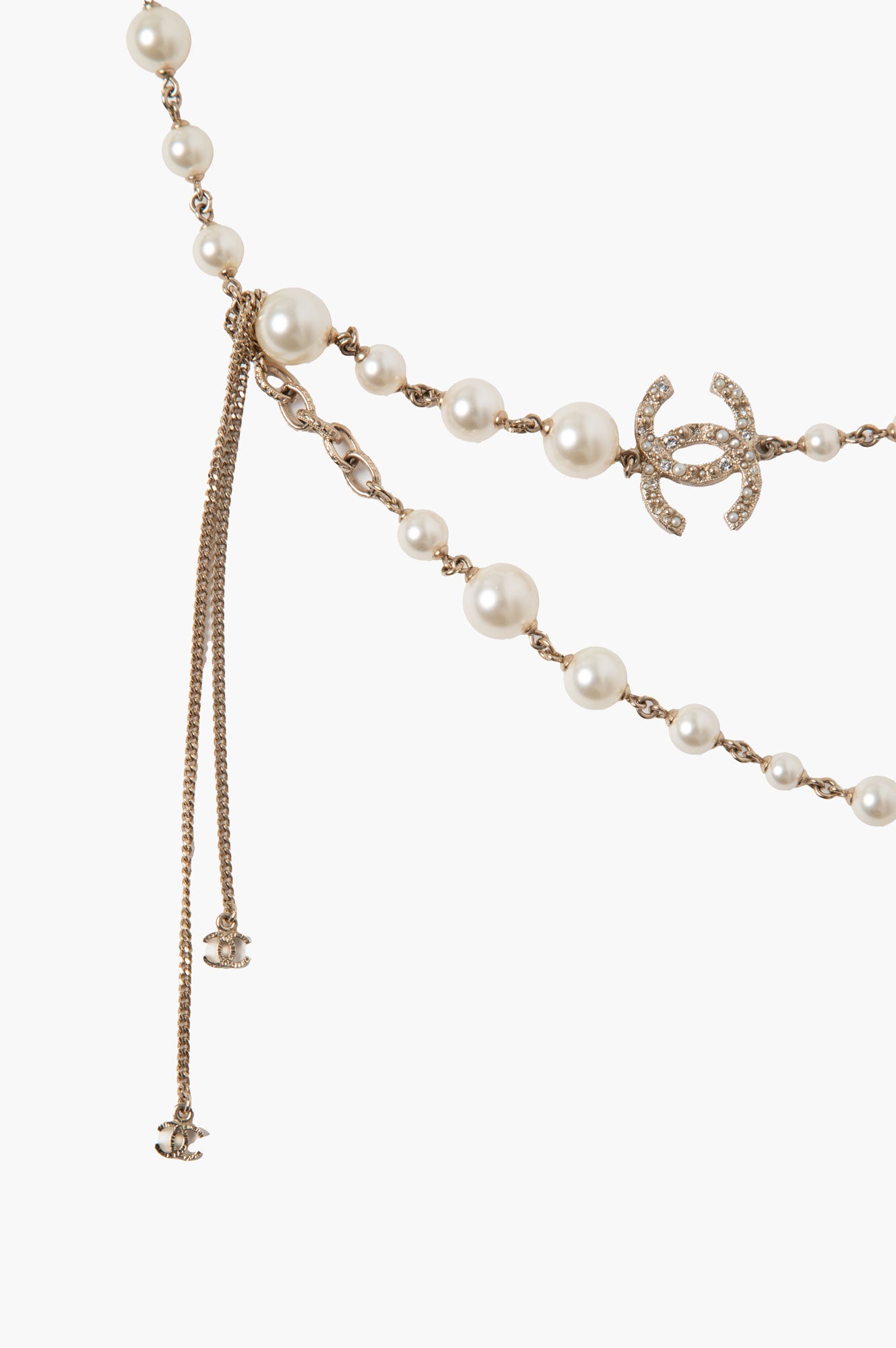 Chanel 14V Pearl and Camelia CC Long Single Strand Necklace
