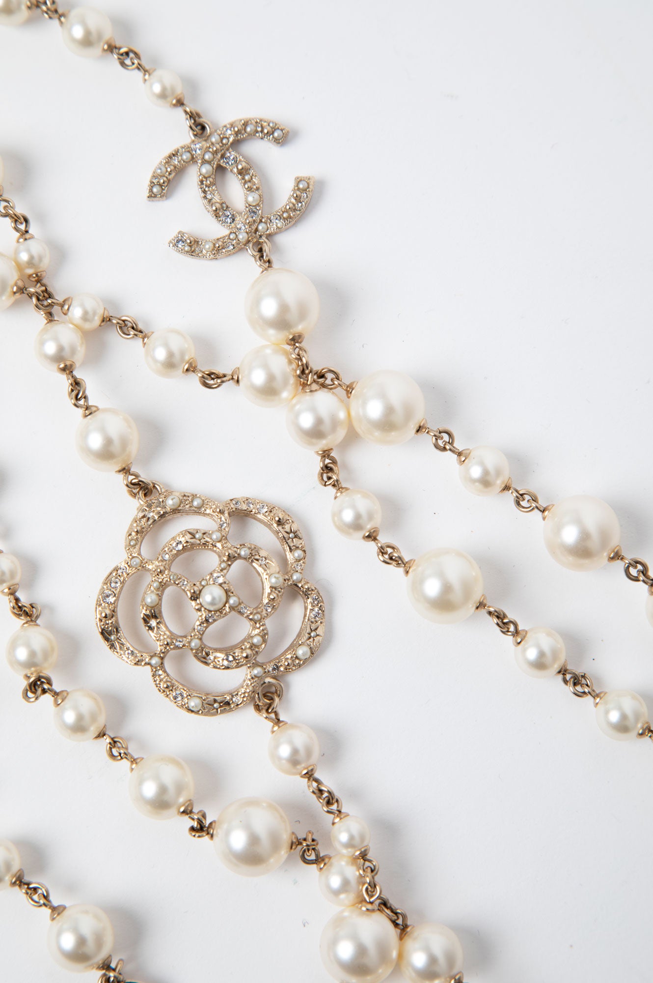 Chanel 14V Pearl and Camelia CC Long Single Strand Necklace