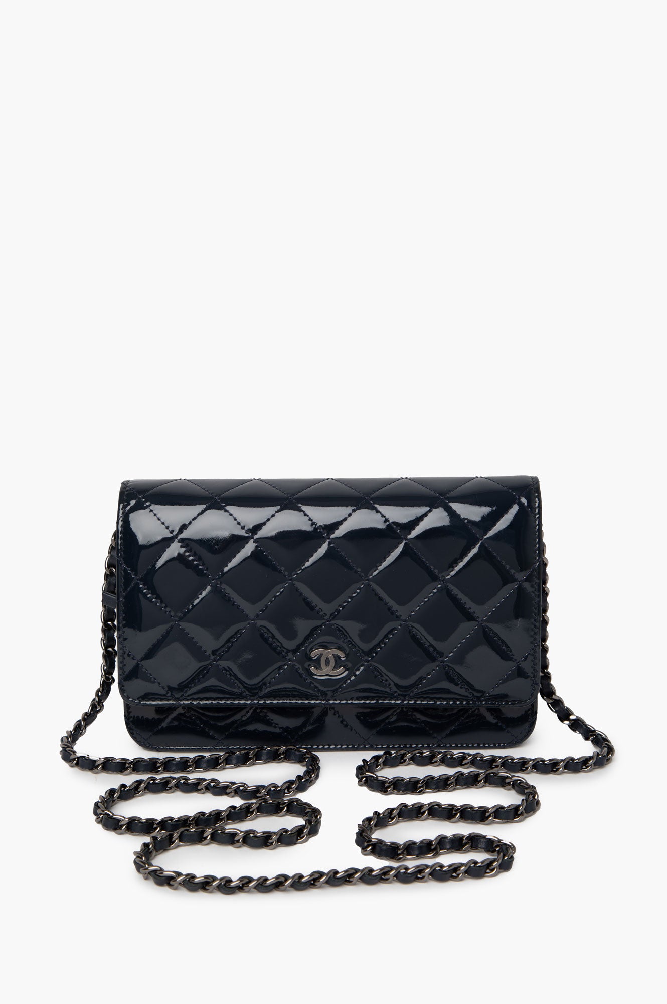 Chanel 2015 Blue Quilted Patent Wallet On Chain