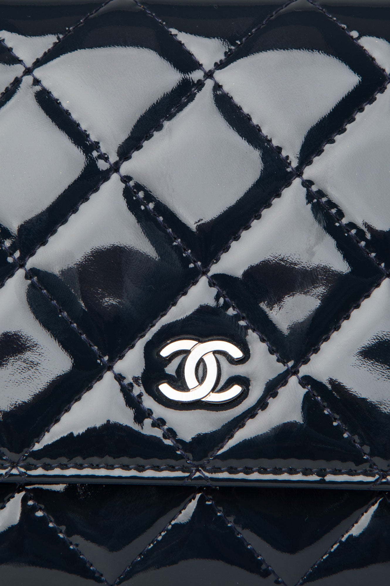 Chanel 2015 Blue Quilted Patent Wallet On Chain