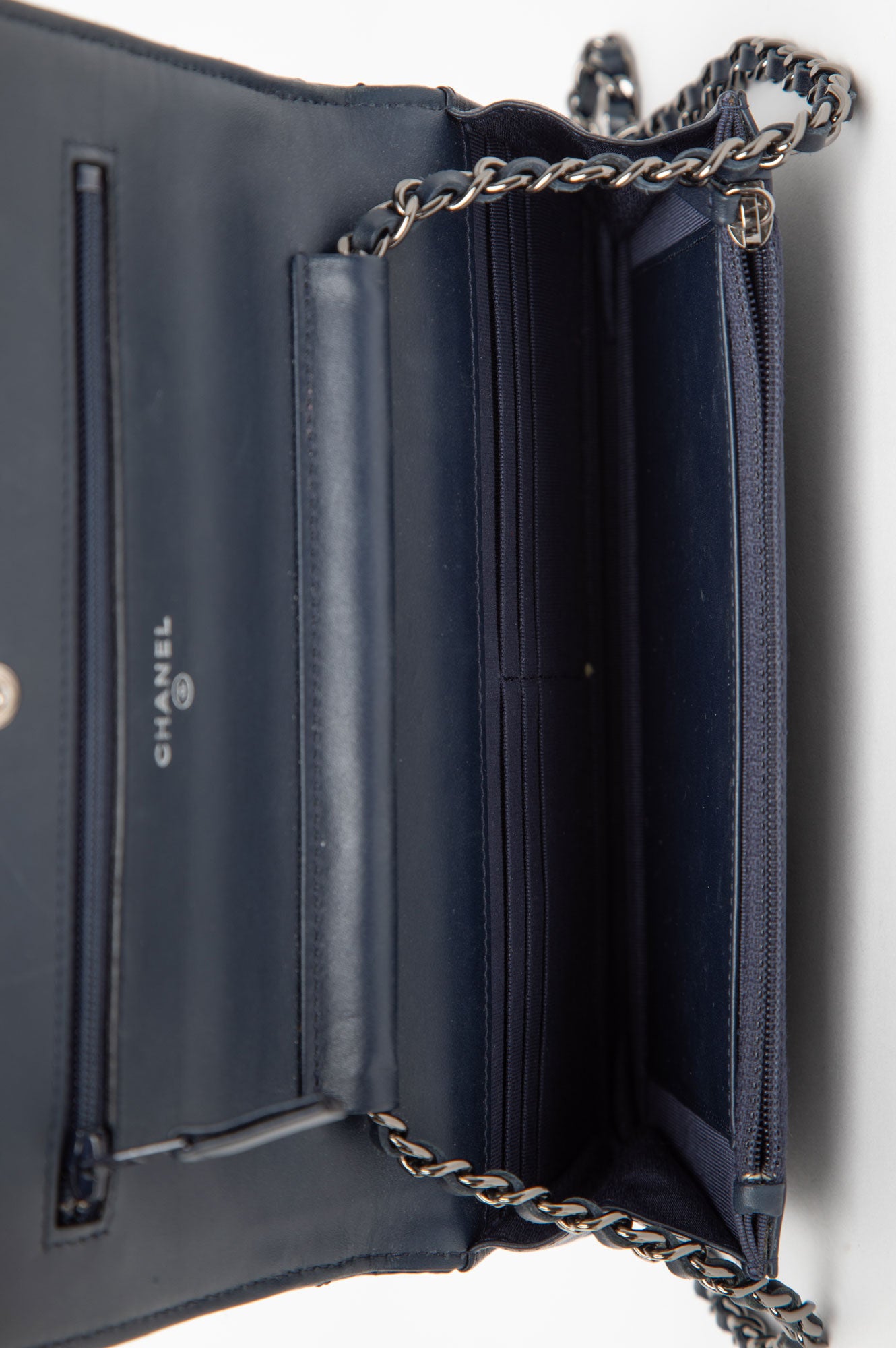 Chanel 2015 Blue Quilted Patent Wallet On Chain