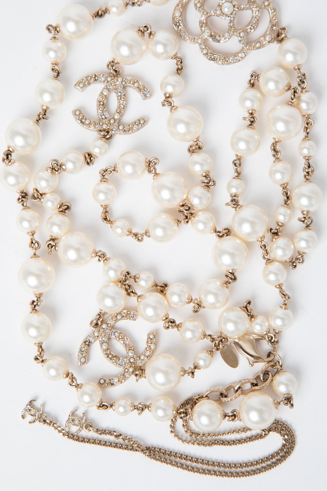 Chanel 14V Pearl and Camelia CC Long Single Strand Necklace