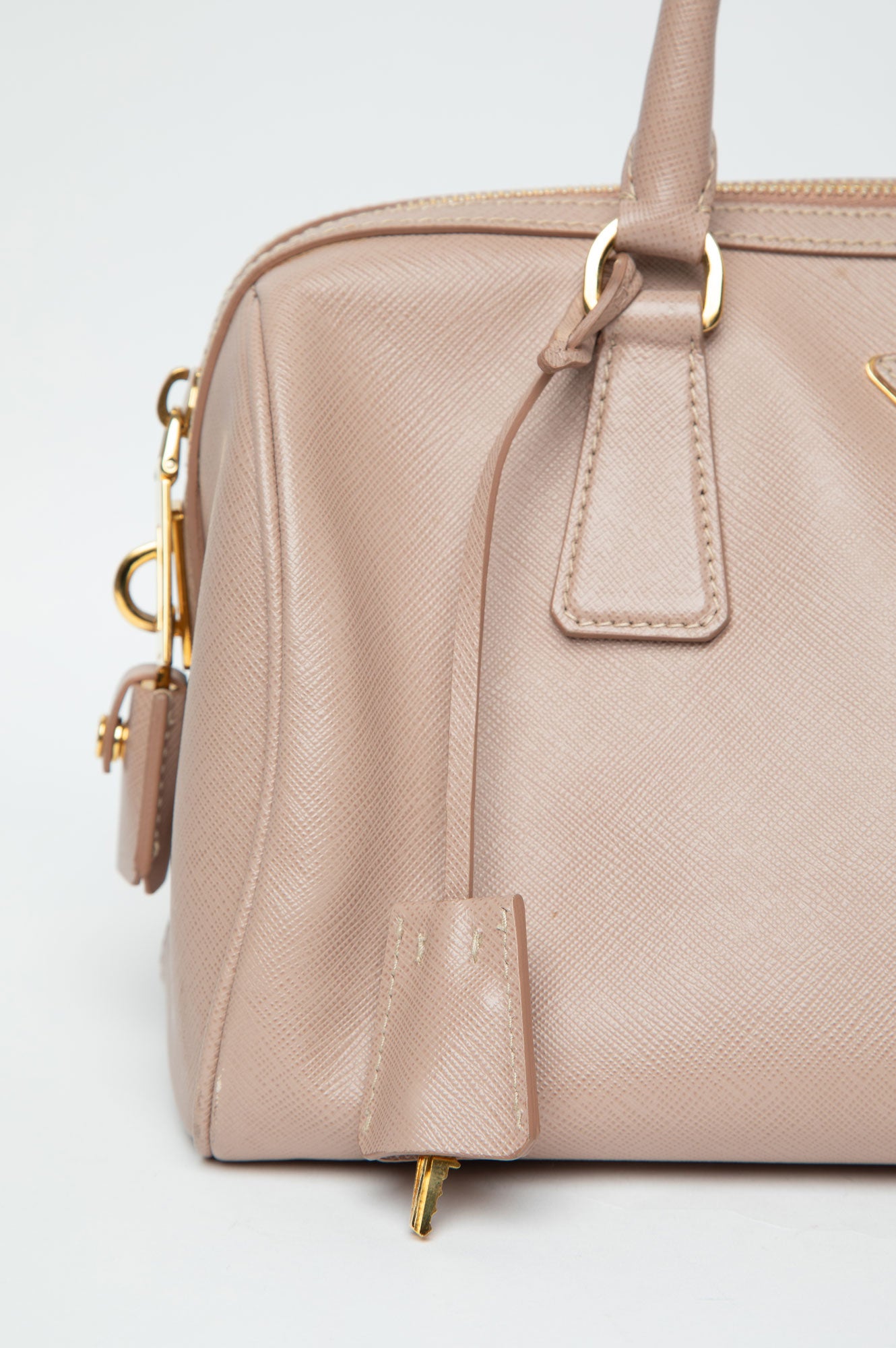 Prada Taupe Saffiano Bowler Bag With Strap