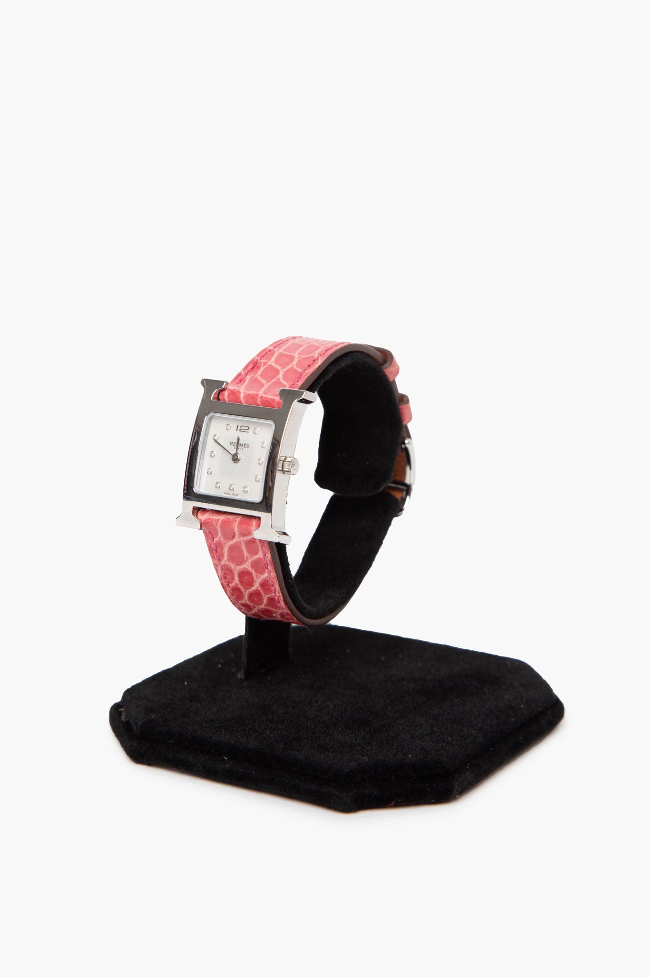 Hermes Pink Heure H Watch with Crocodile Strap