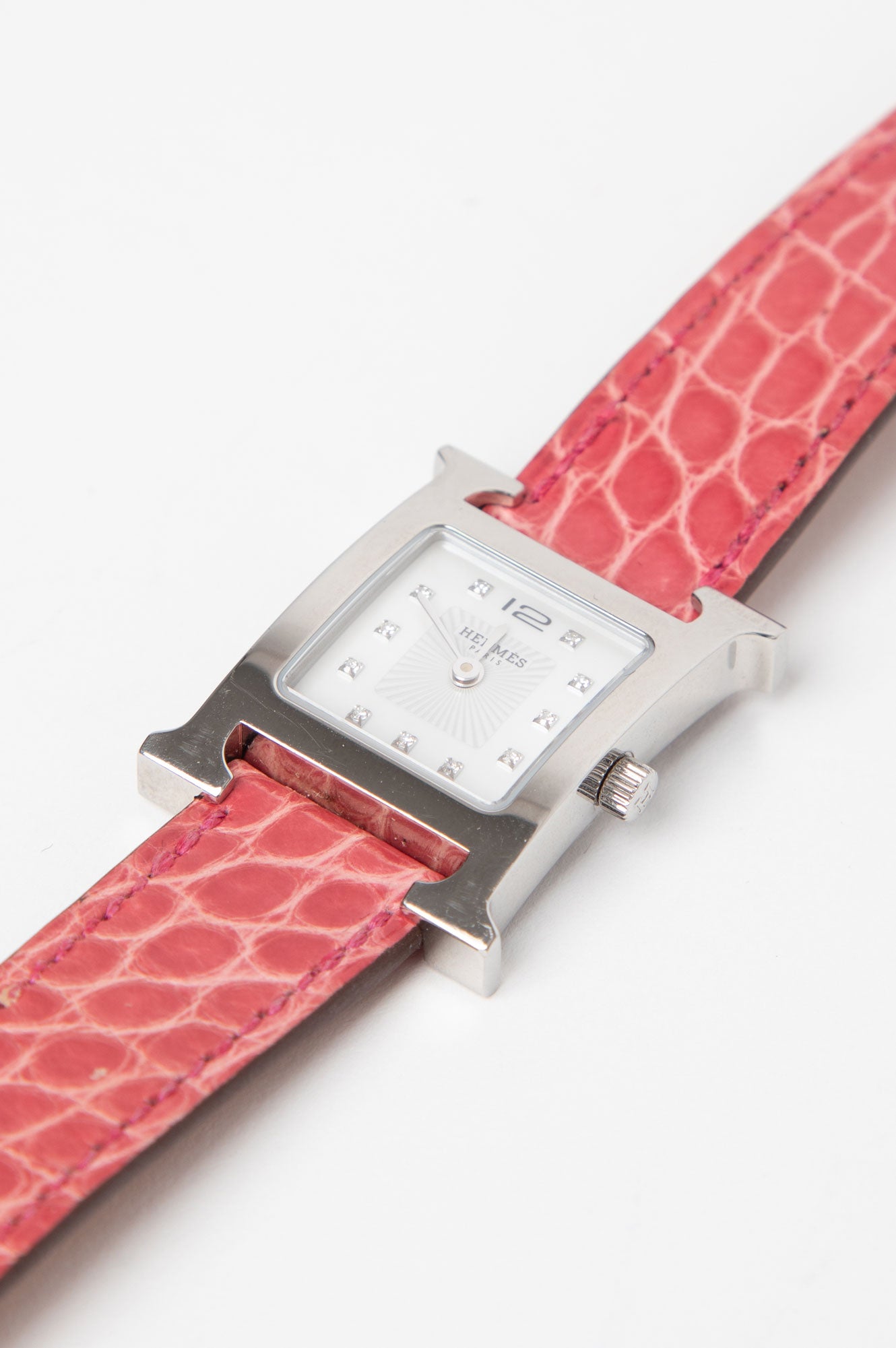 Hermes Pink Heure H Watch with Crocodile Strap