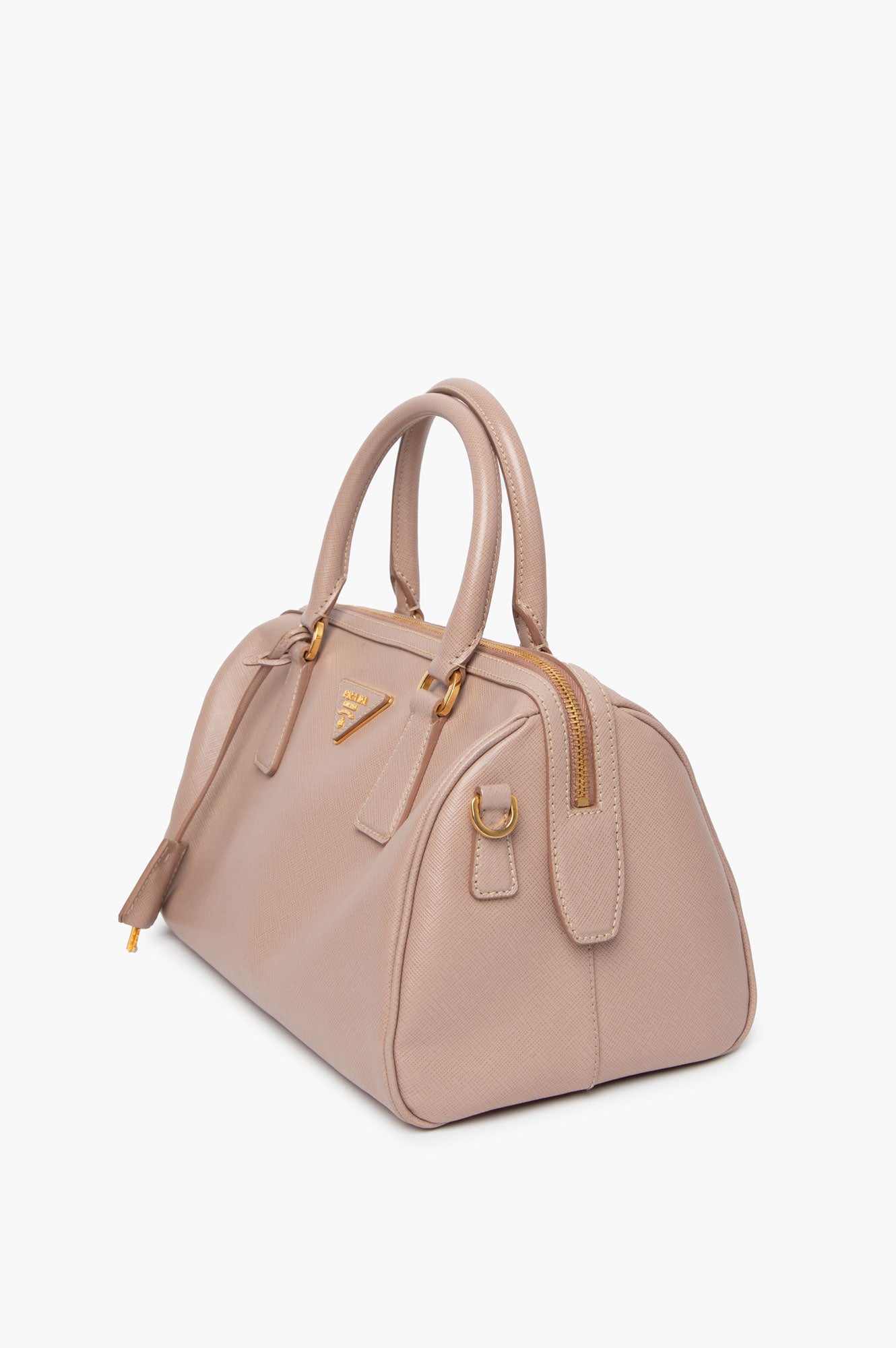 Prada Taupe Saffiano Bowler Bag With Strap