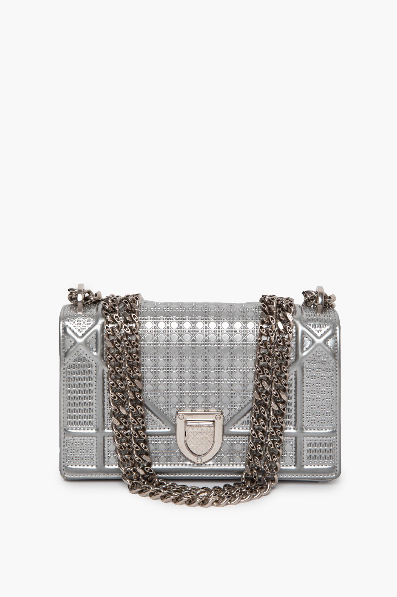 Christian Dior Metallic Patent Micro-Cannage Diorama Wallet on Chain Pouch Silver