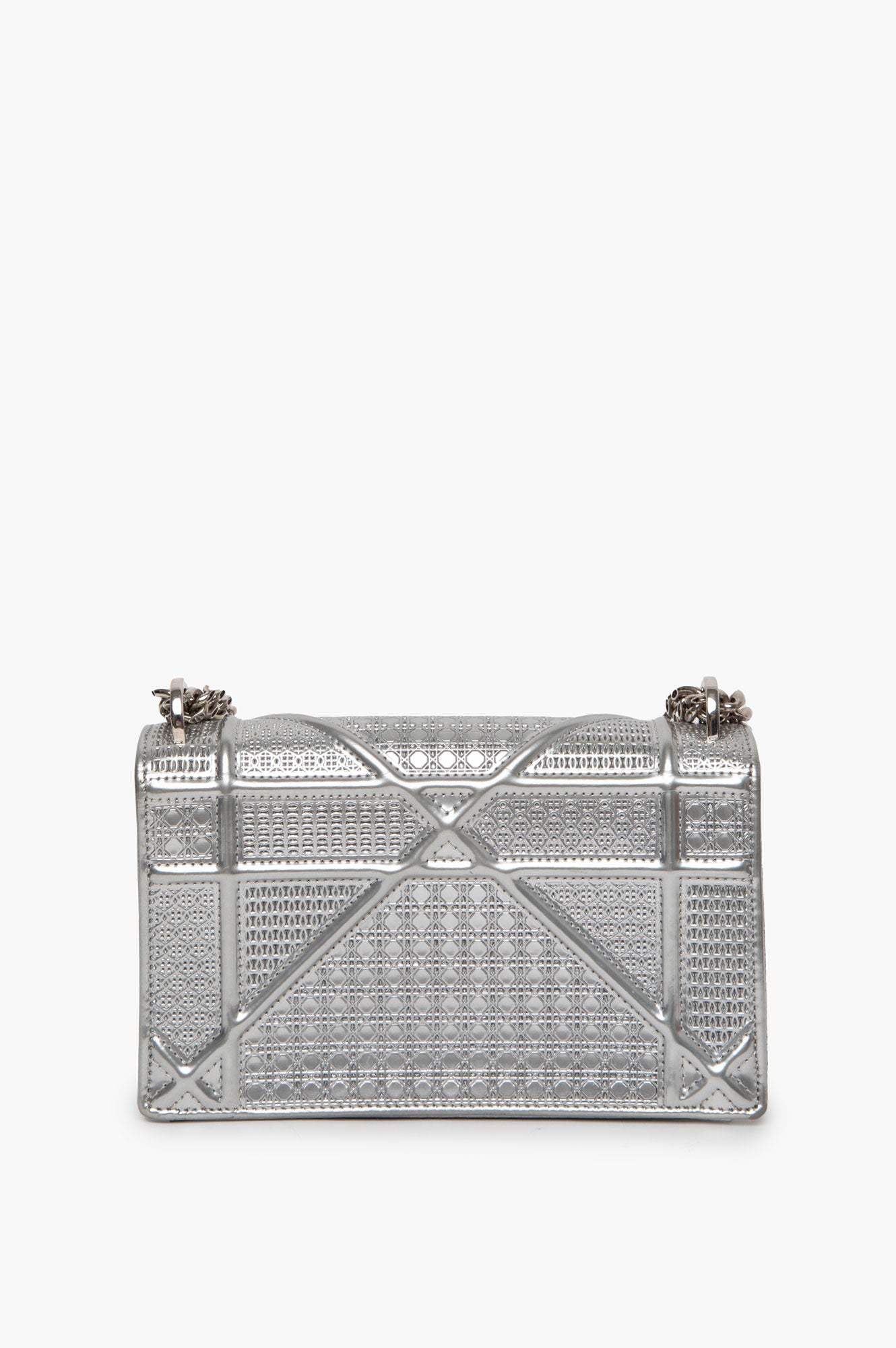 Christian Dior Metallic Patent Micro-Cannage Diorama Wallet on Chain Pouch Silver