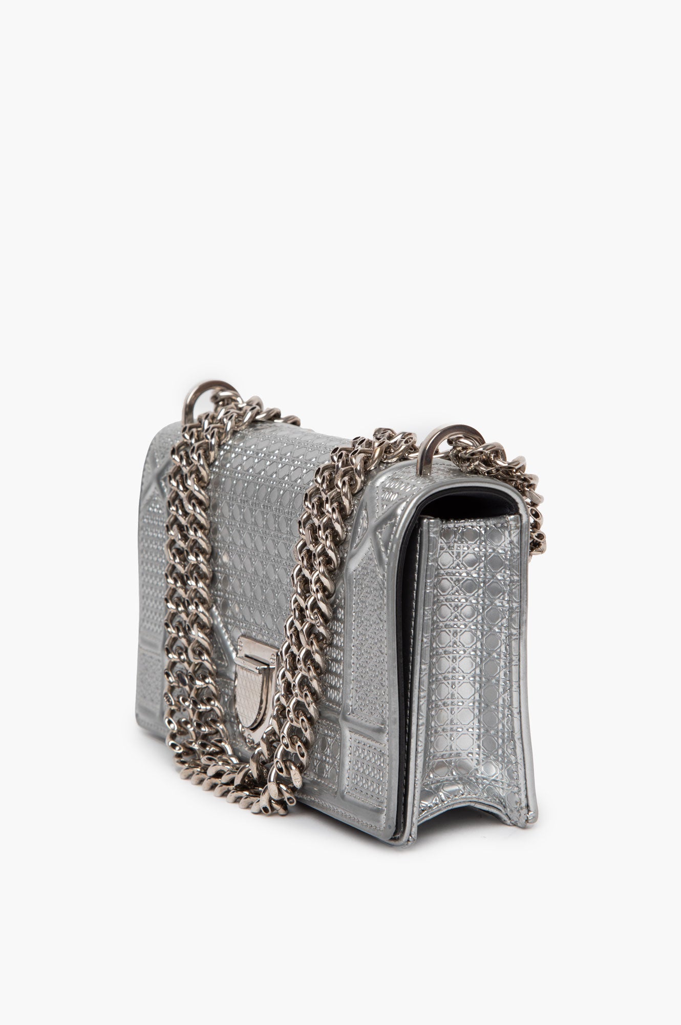 Christian Dior Metallic Patent Micro-Cannage Diorama Wallet on Chain Pouch Silver