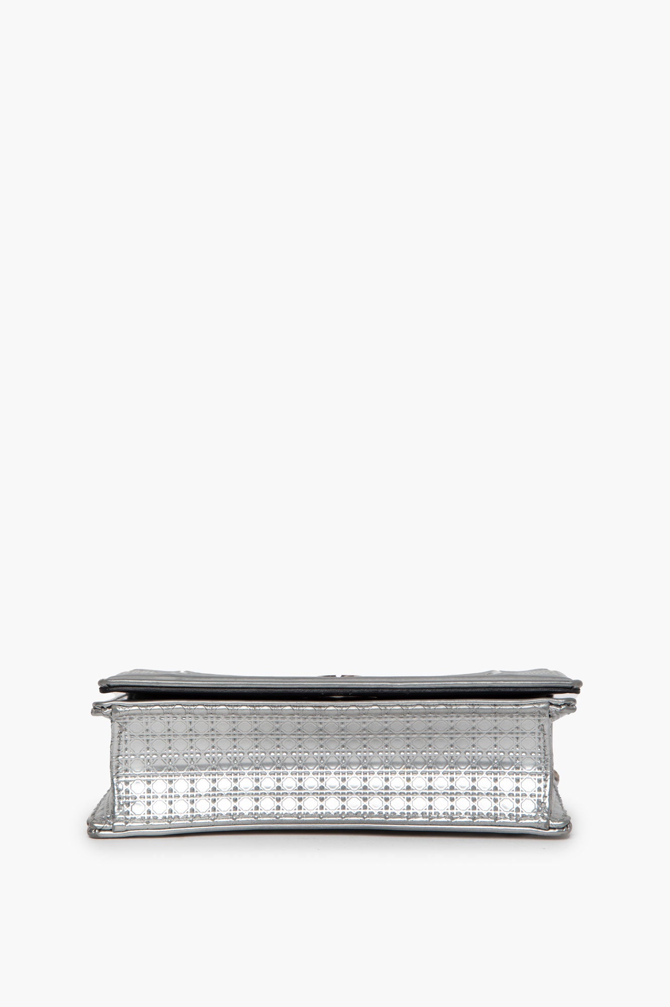 Christian Dior Metallic Patent Micro-Cannage Diorama Wallet on Chain Pouch Silver