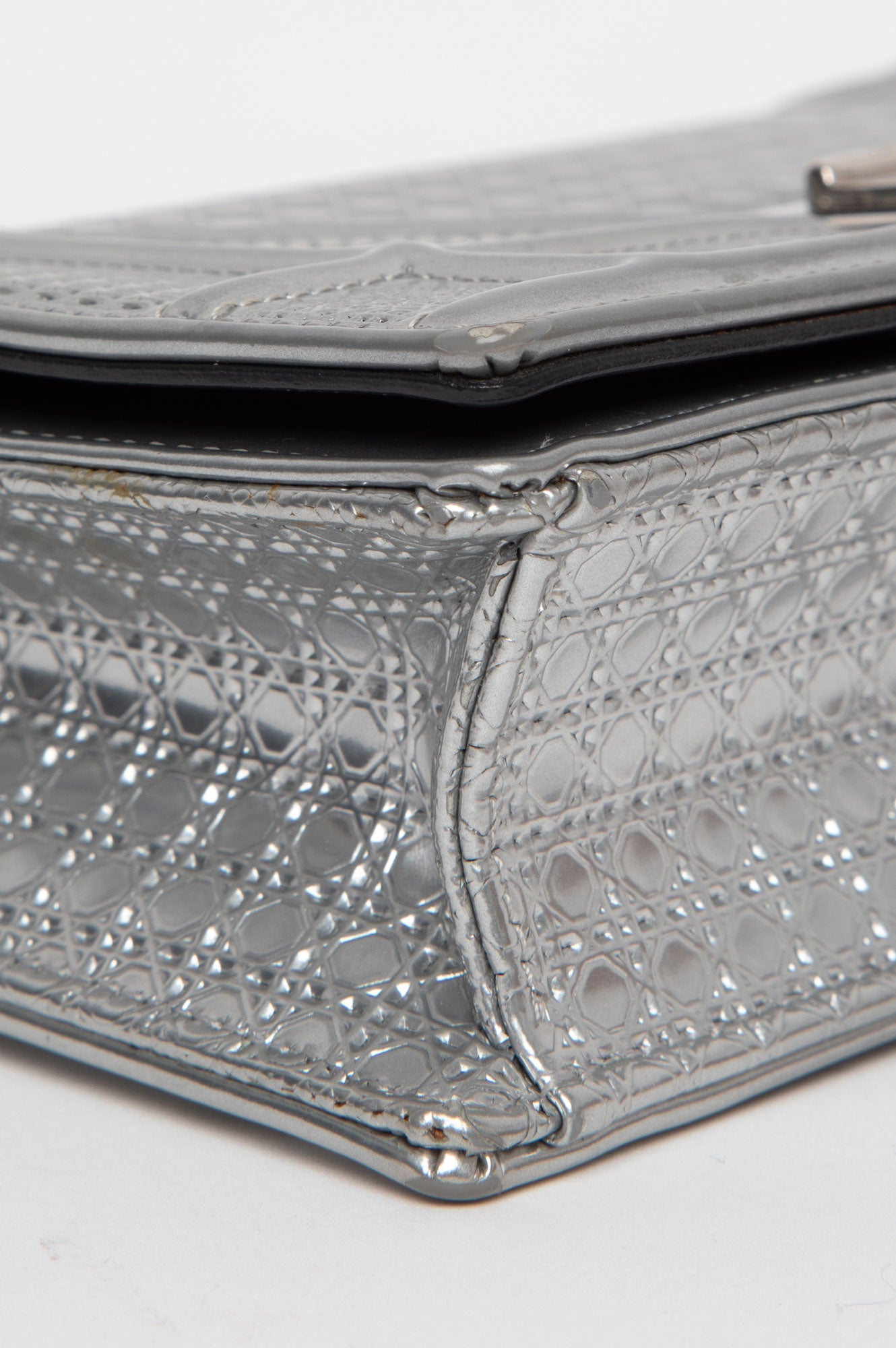 Christian Dior Metallic Patent Micro-Cannage Diorama Wallet on Chain Pouch Silver