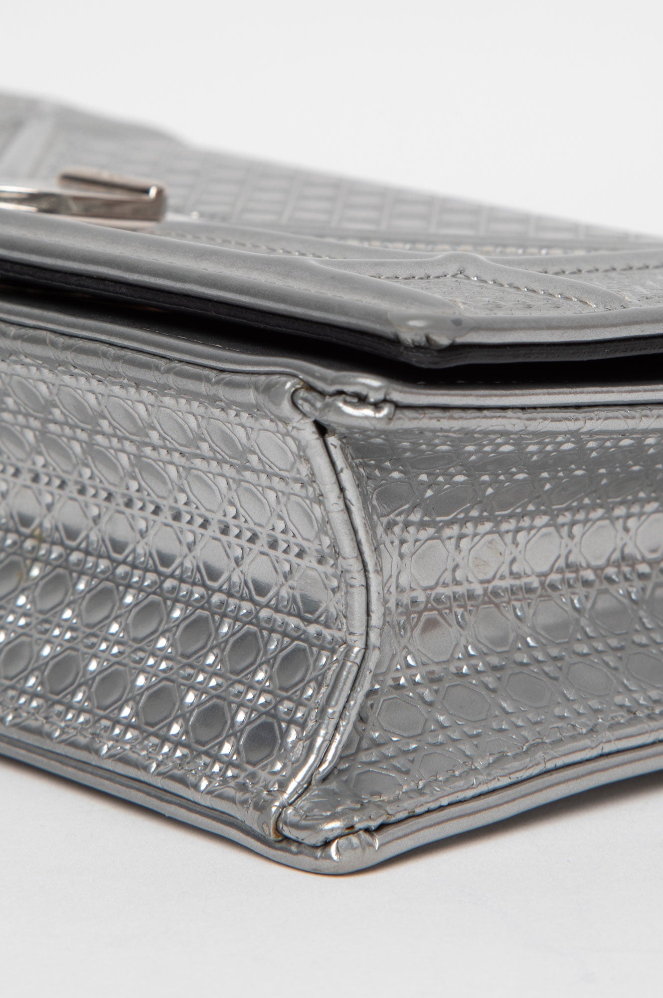 Christian Dior Metallic Patent Micro-Cannage Diorama Wallet on Chain Pouch Silver