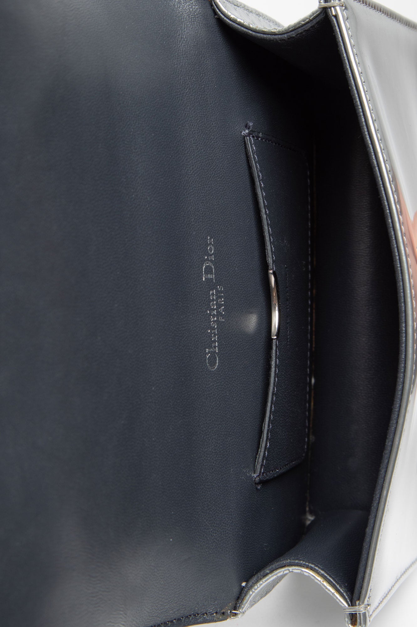 Christian Dior Metallic Patent Micro-Cannage Diorama Wallet on Chain Pouch Silver