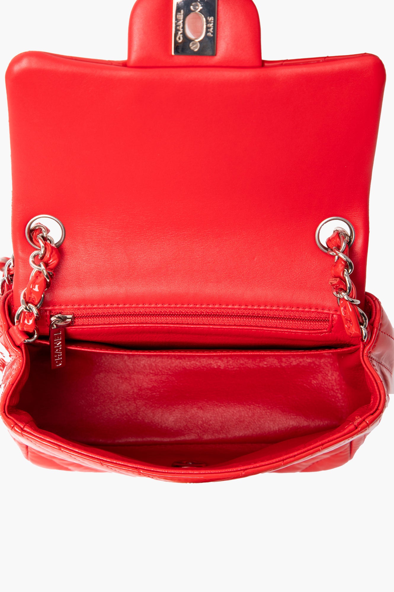 Chanel Red Patent Chevron Quilted Mini Square Flap Bag