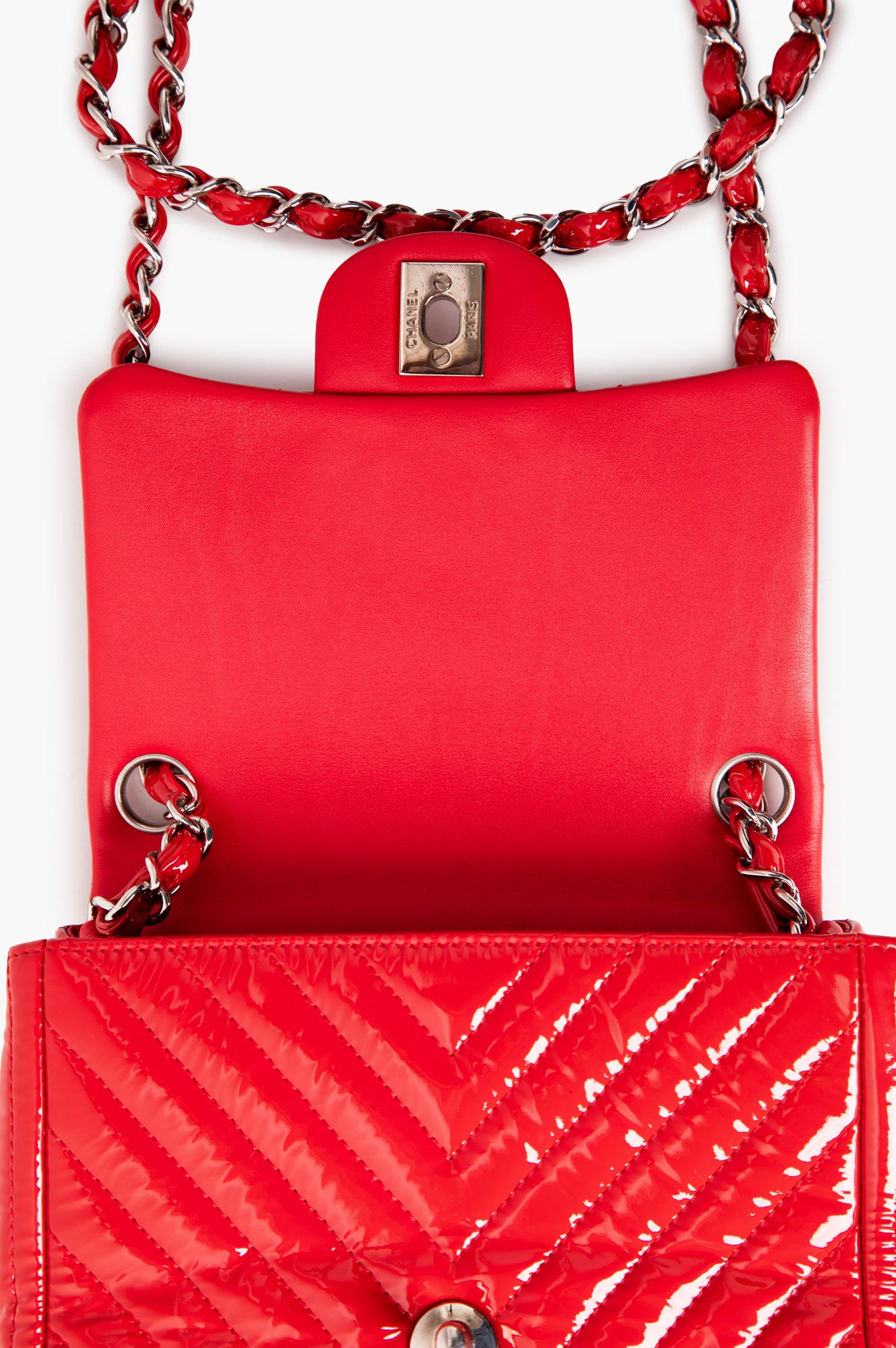 Chanel Red Patent Chevron Quilted Mini Square Flap Bag