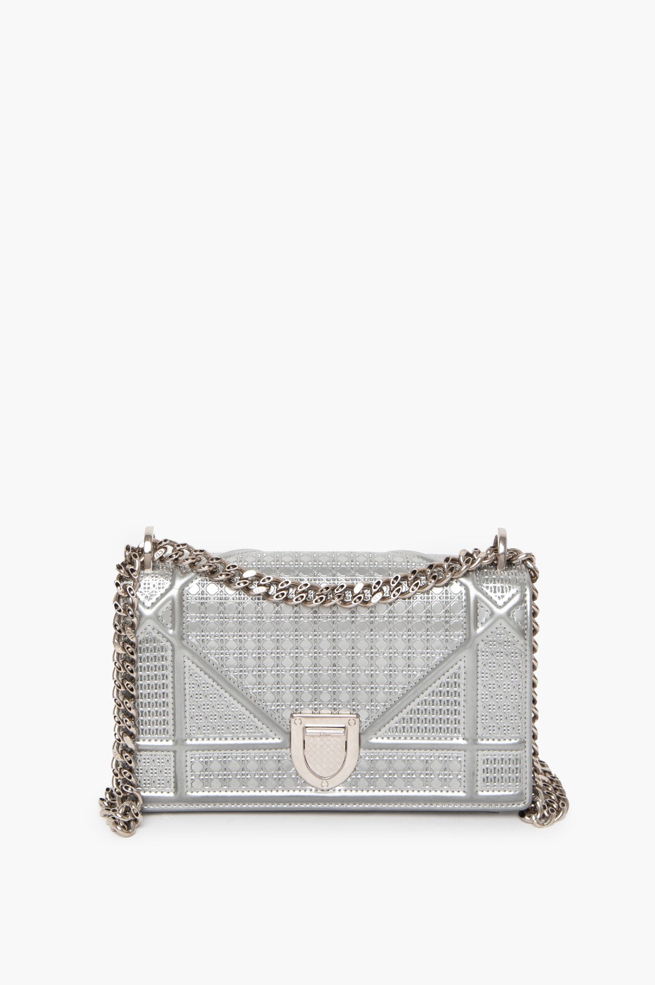 Christian Dior Metallic Patent Micro-Cannage Diorama Wallet on Chain Pouch Silver