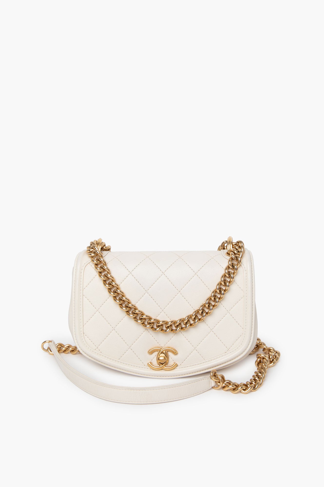 Chanel White Calfskin Underline Saddle Flap Bag