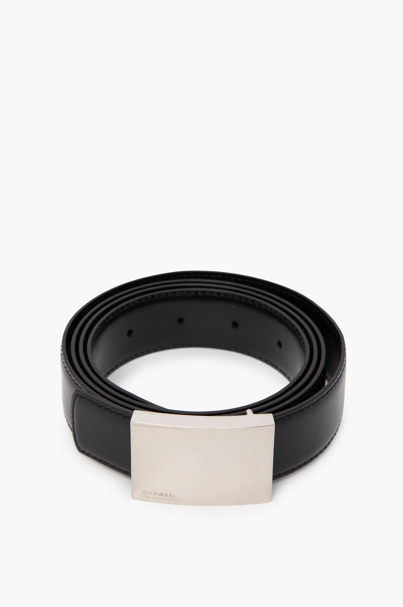 Chanel Black and Silver Buckle Belt Size 110 Mens