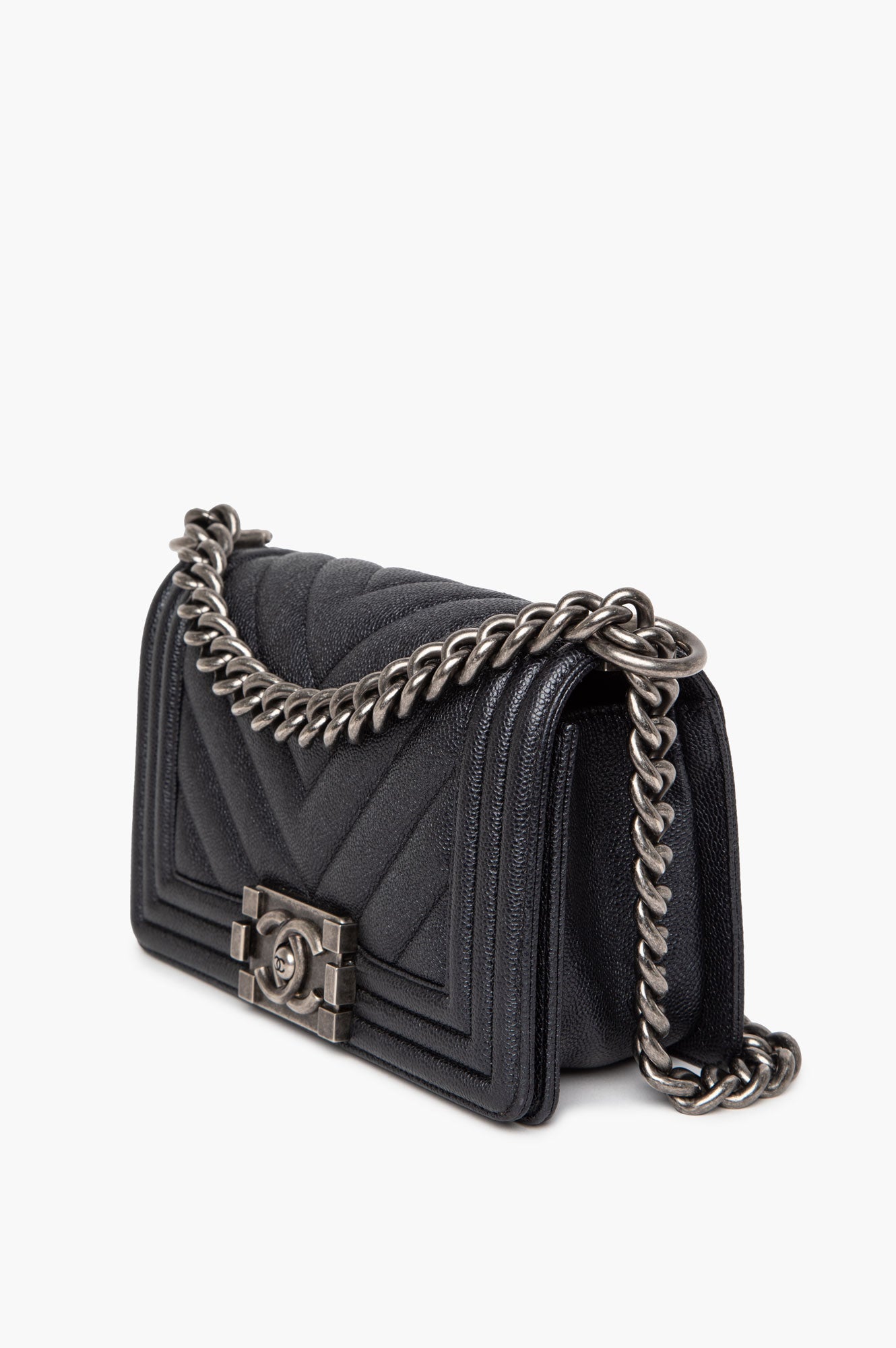 Chanel Black Chevron Caviar Small Boy Flap Bag