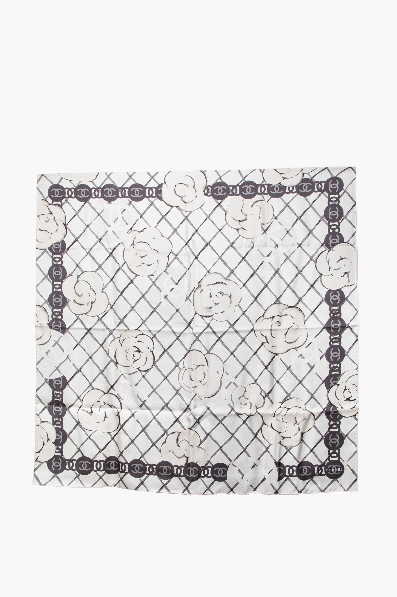 Chanel Ivory Camelia Silk Square Scarf 90